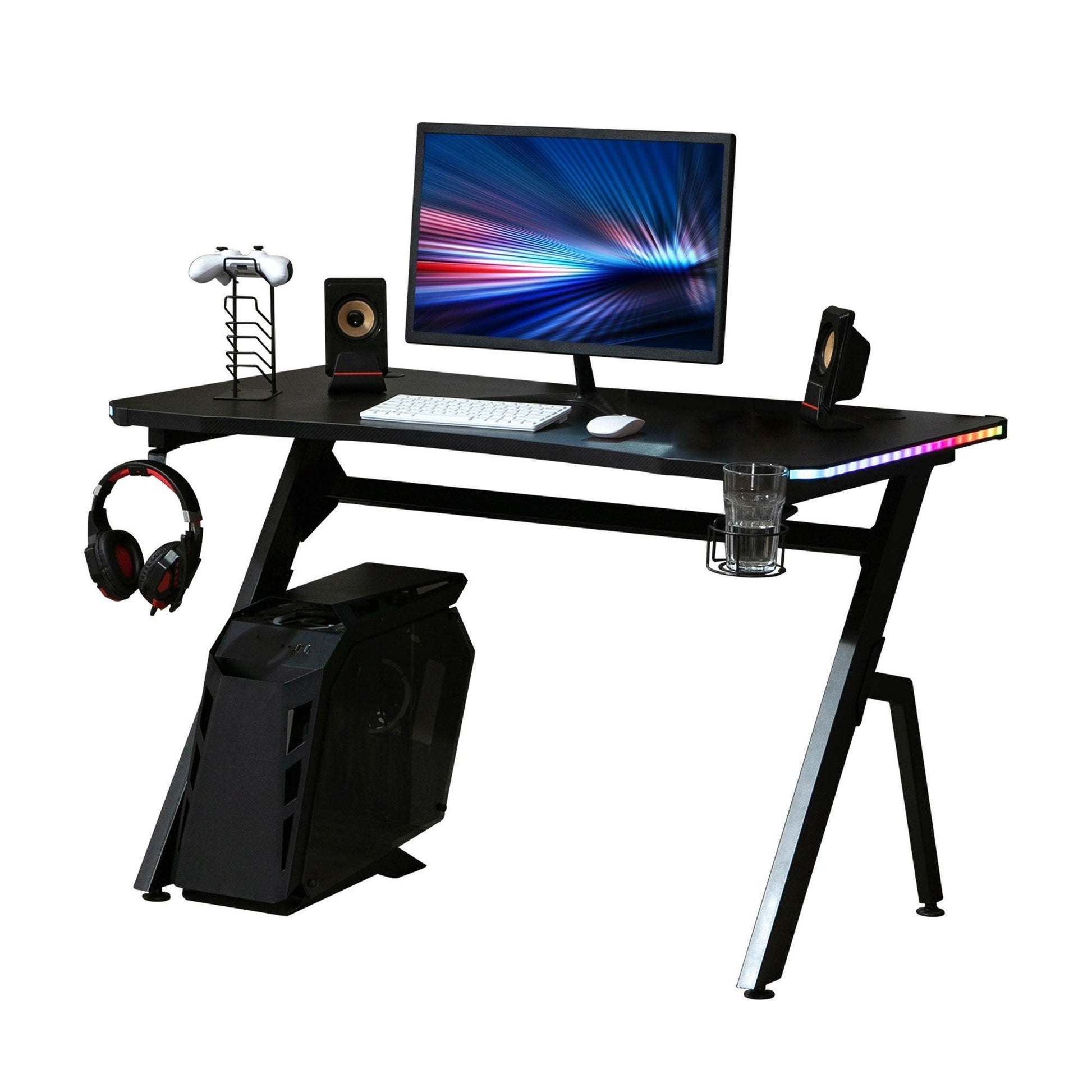 HOMCOM Gaming Desk with RGB LED Lights - Black - ALL4U RETAILER LTD