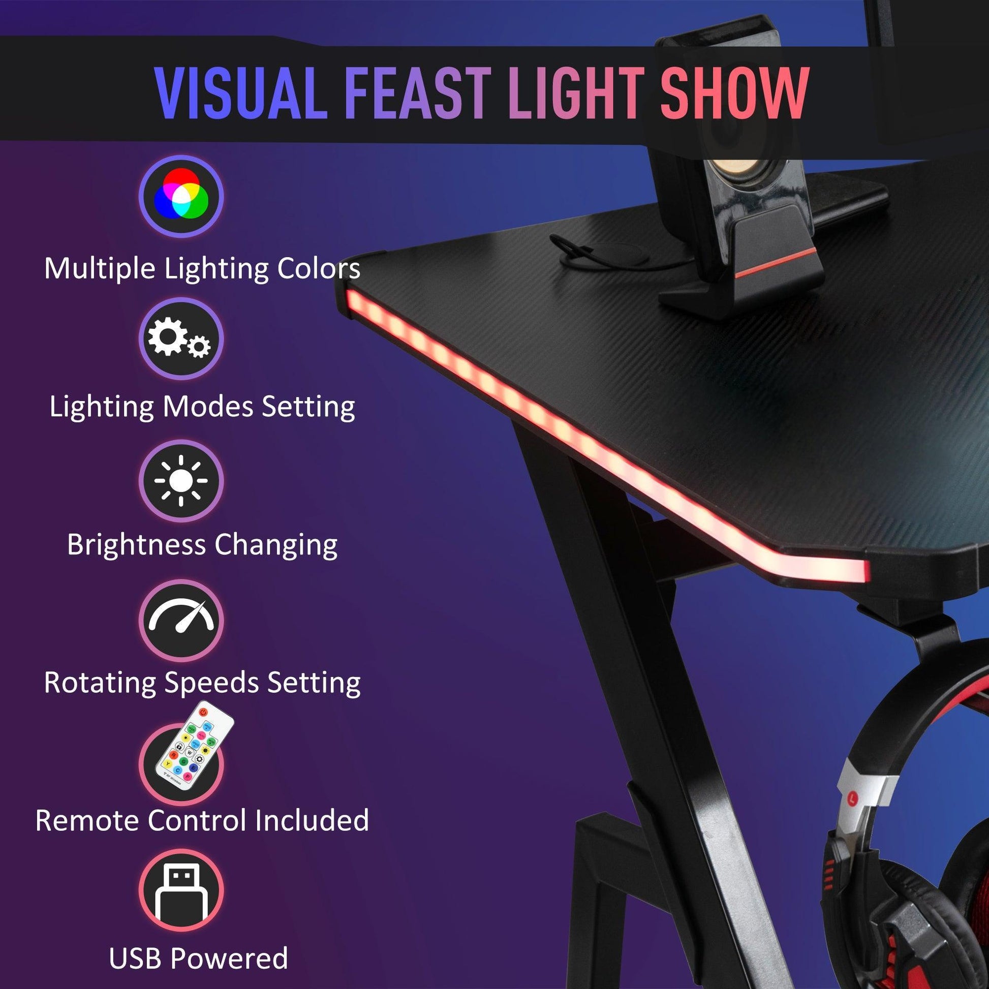 HOMCOM Gaming Desk with RGB LED Lights - Black - ALL4U RETAILER LTD