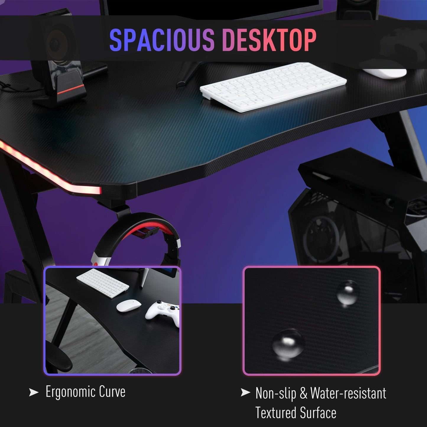 HOMCOM Gaming Desk with RGB LED Lights - Black - ALL4U RETAILER LTD