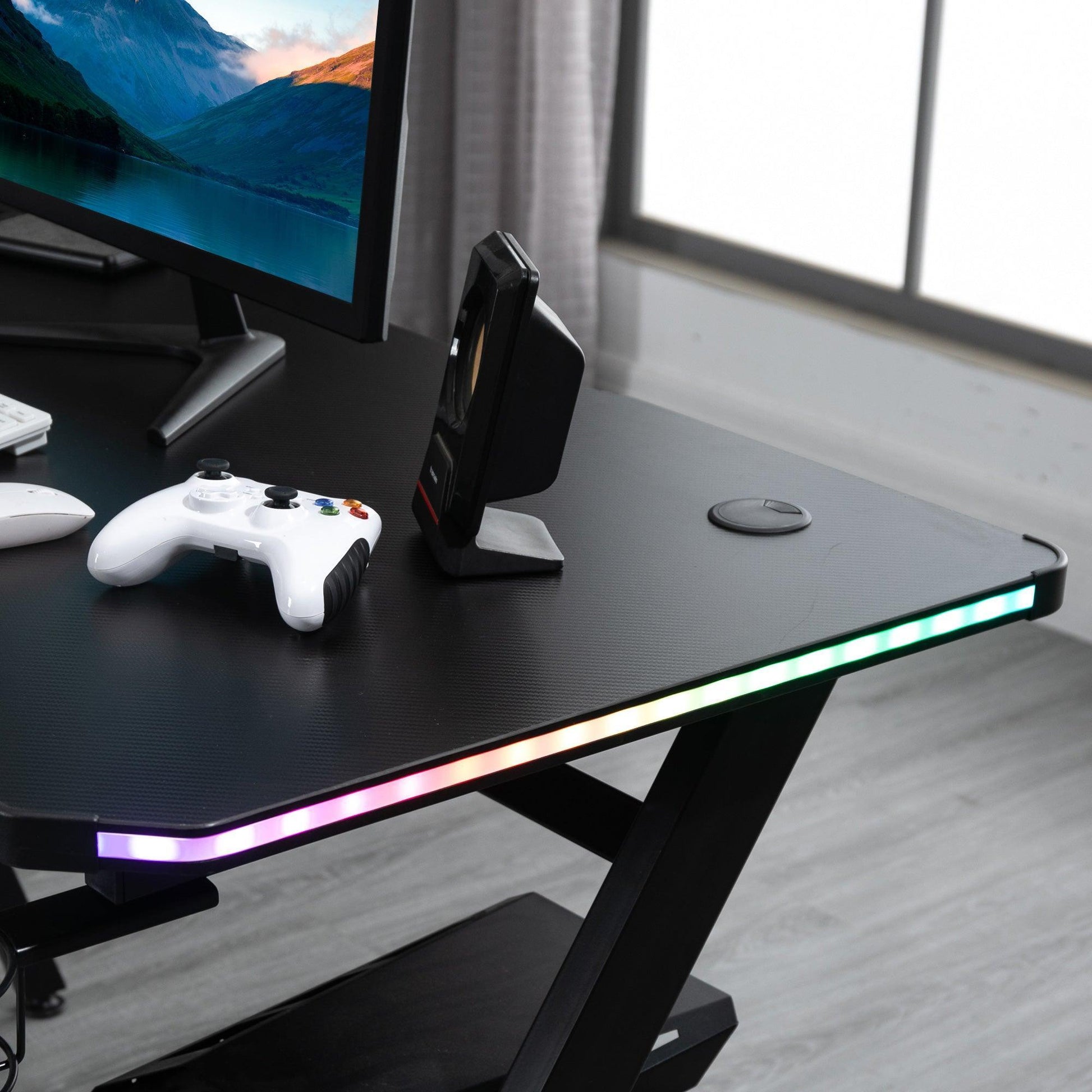 HOMCOM Gaming Desk with RGB LED Lights - Black - ALL4U RETAILER LTD