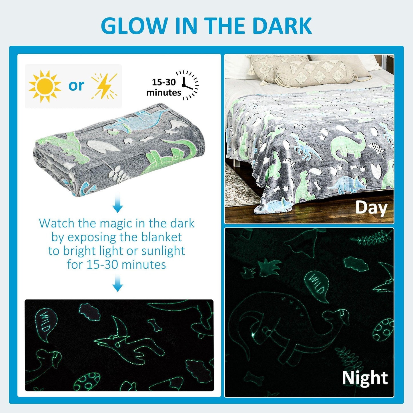 HOMCOM Glow in The Dark Dinosaur Blanket - Cozy and Fun - ALL4U RETAILER LTD