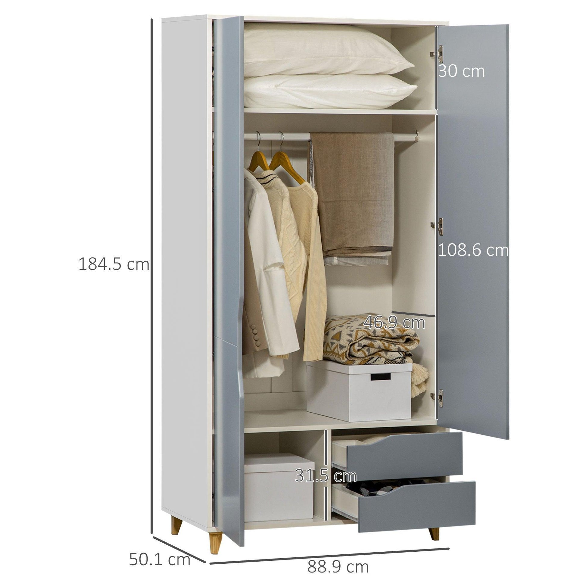 HOMCOM Gray Bedroom Wardrobe with Drawers & Hanging Rail - ALL4U RETAILER LTD