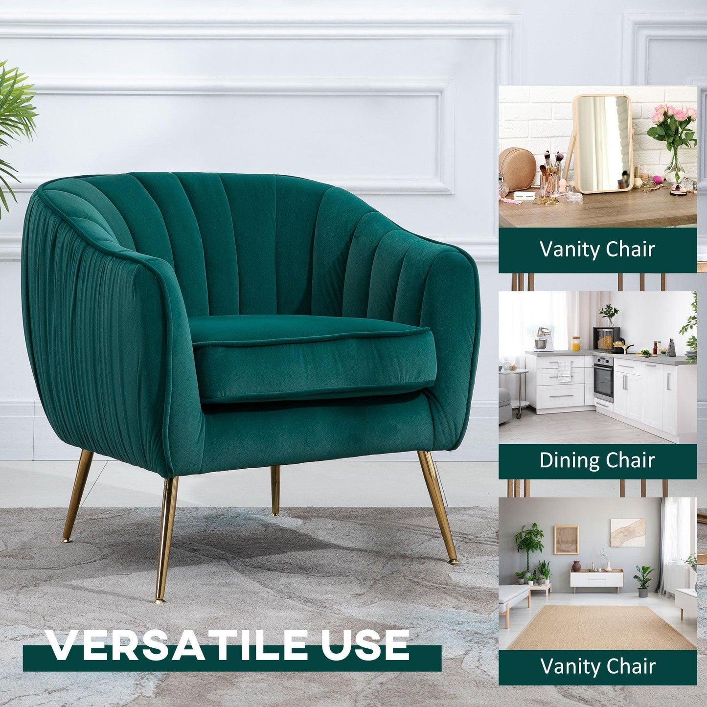 HOMCOM Green Velvet Tub Chair, with Gold Legs - ALL4U RETAILER LTD