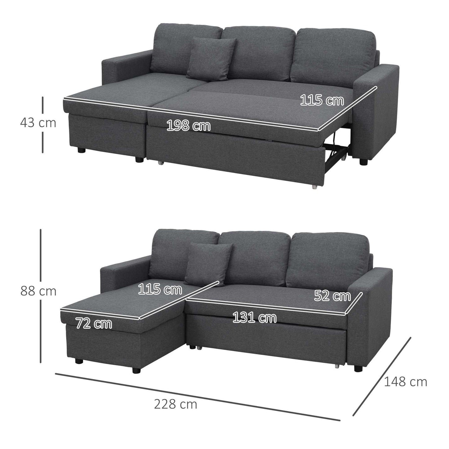 HOMCOM Grey 3-Seater Corner Sofa Bed - ALL4U RETAILER LTD