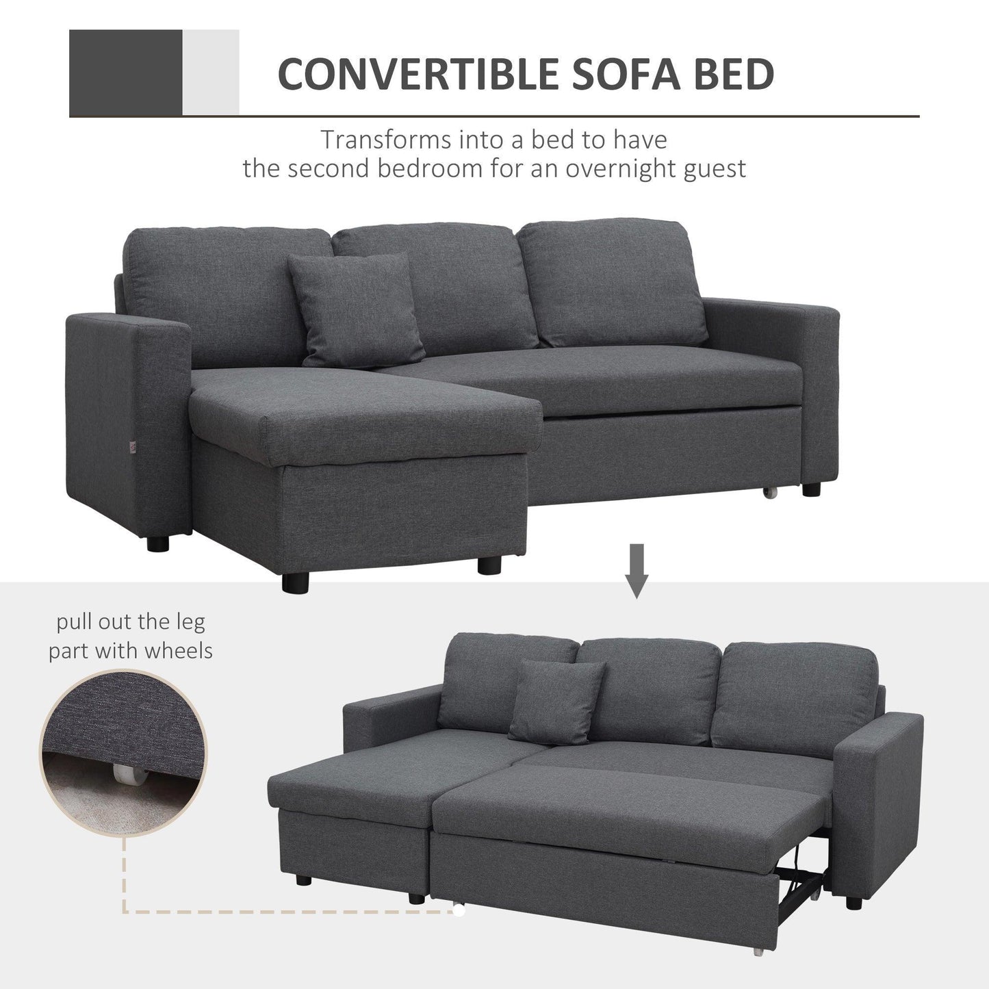 HOMCOM Grey 3-Seater Corner Sofa Bed - ALL4U RETAILER LTD