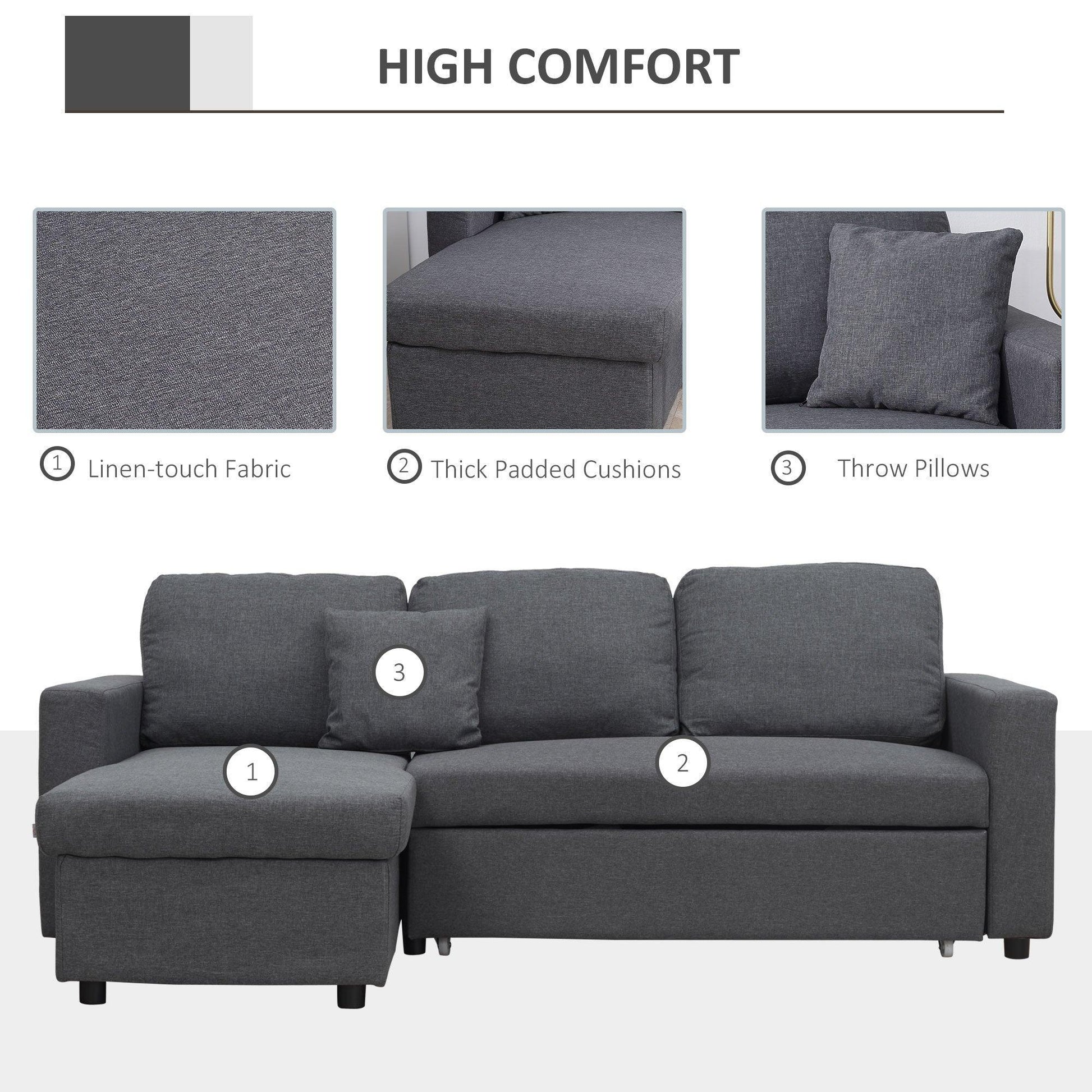 HOMCOM Grey 3-Seater Corner Sofa Bed - ALL4U RETAILER LTD