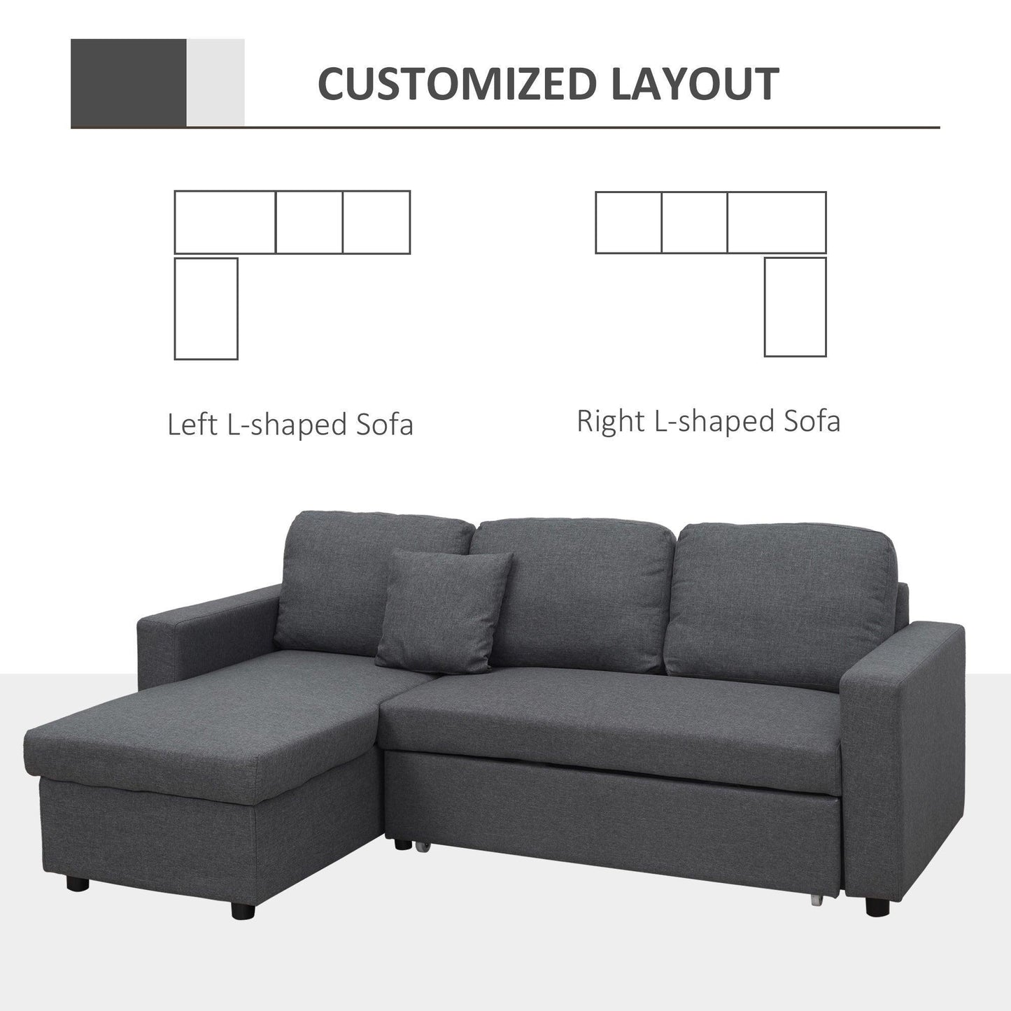 HOMCOM Grey 3-Seater Corner Sofa Bed - ALL4U RETAILER LTD