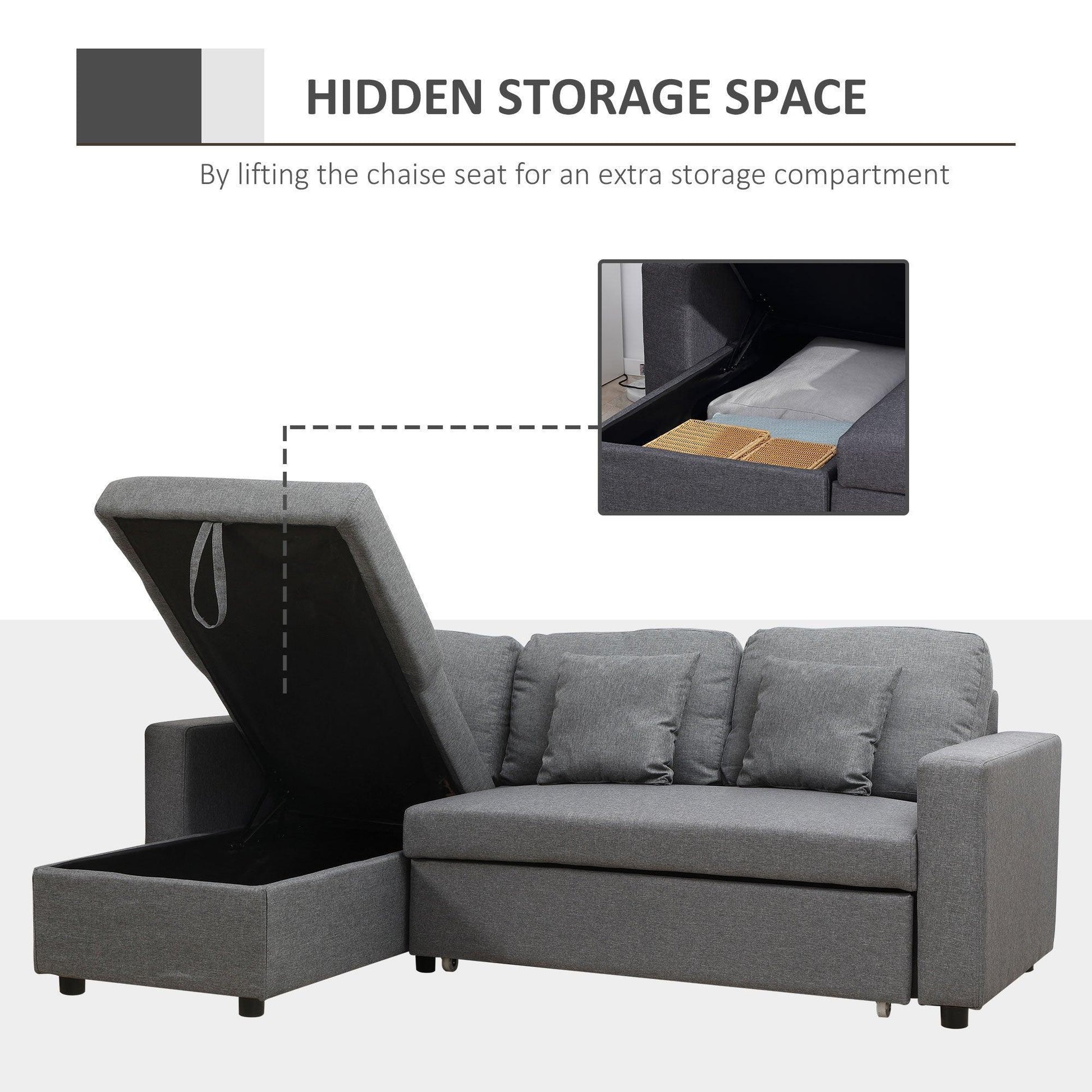 HOMCOM Grey 3-Seater Corner Sofa Bed - ALL4U RETAILER LTD