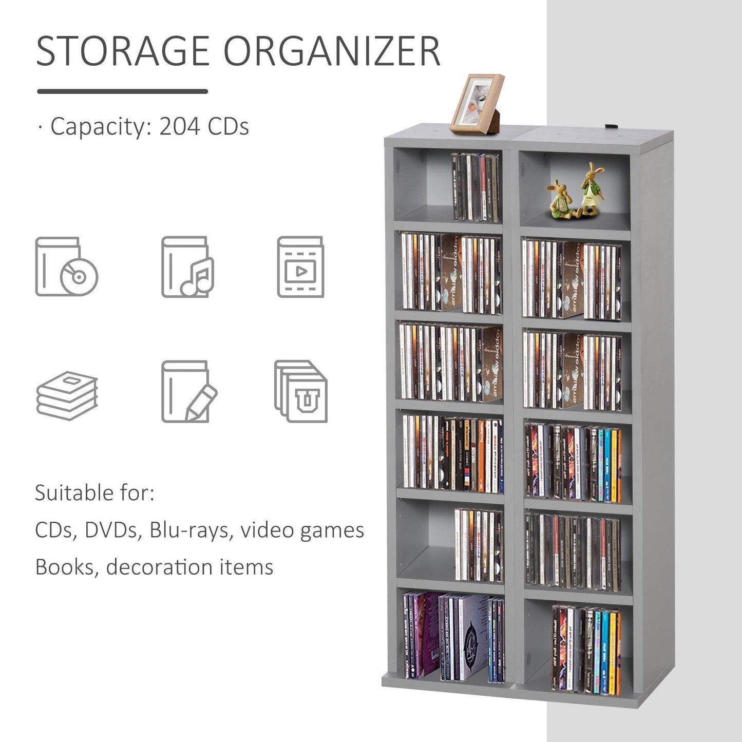 HOMCOM Grey Media Shelf - CD/DVD Storage - ALL4U RETAILER LTD