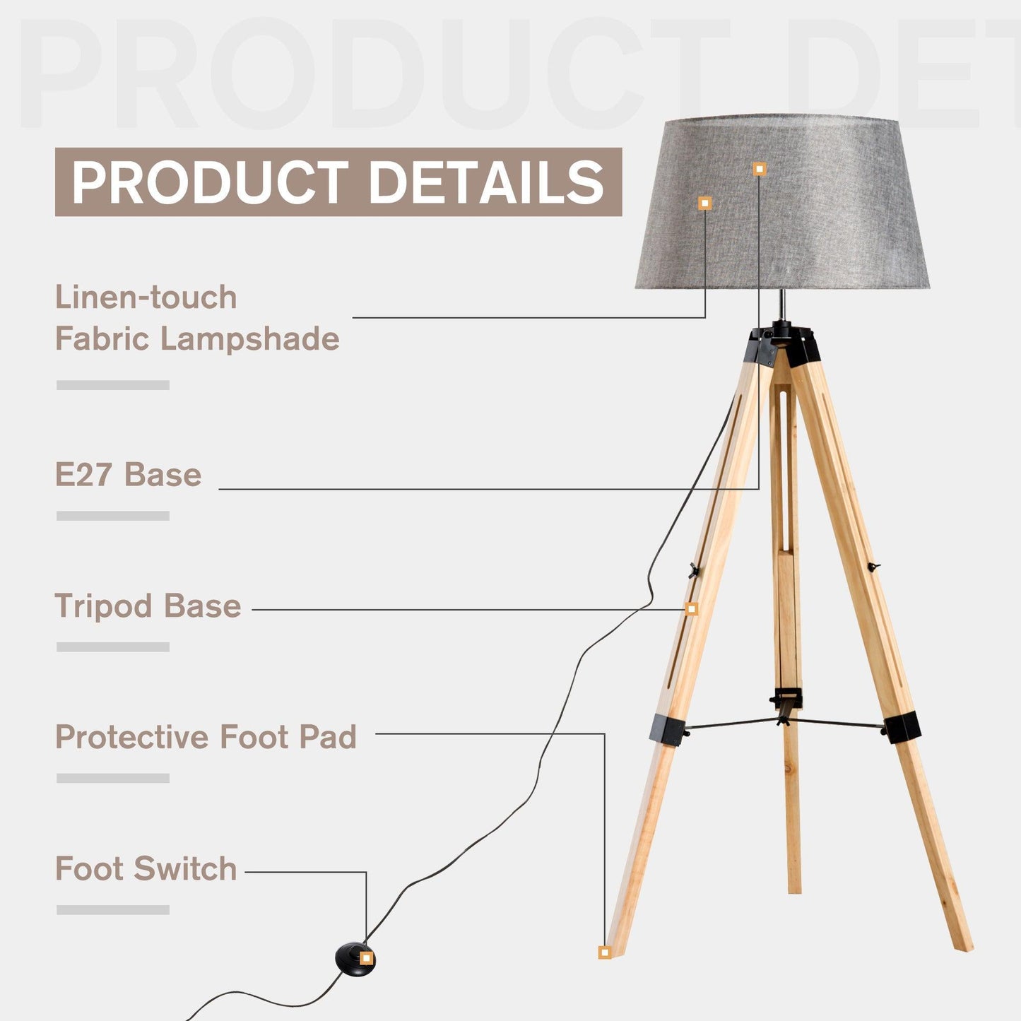 HOMCOM Grey Tripod Floor Lamp - ALL4U RETAILER LTD