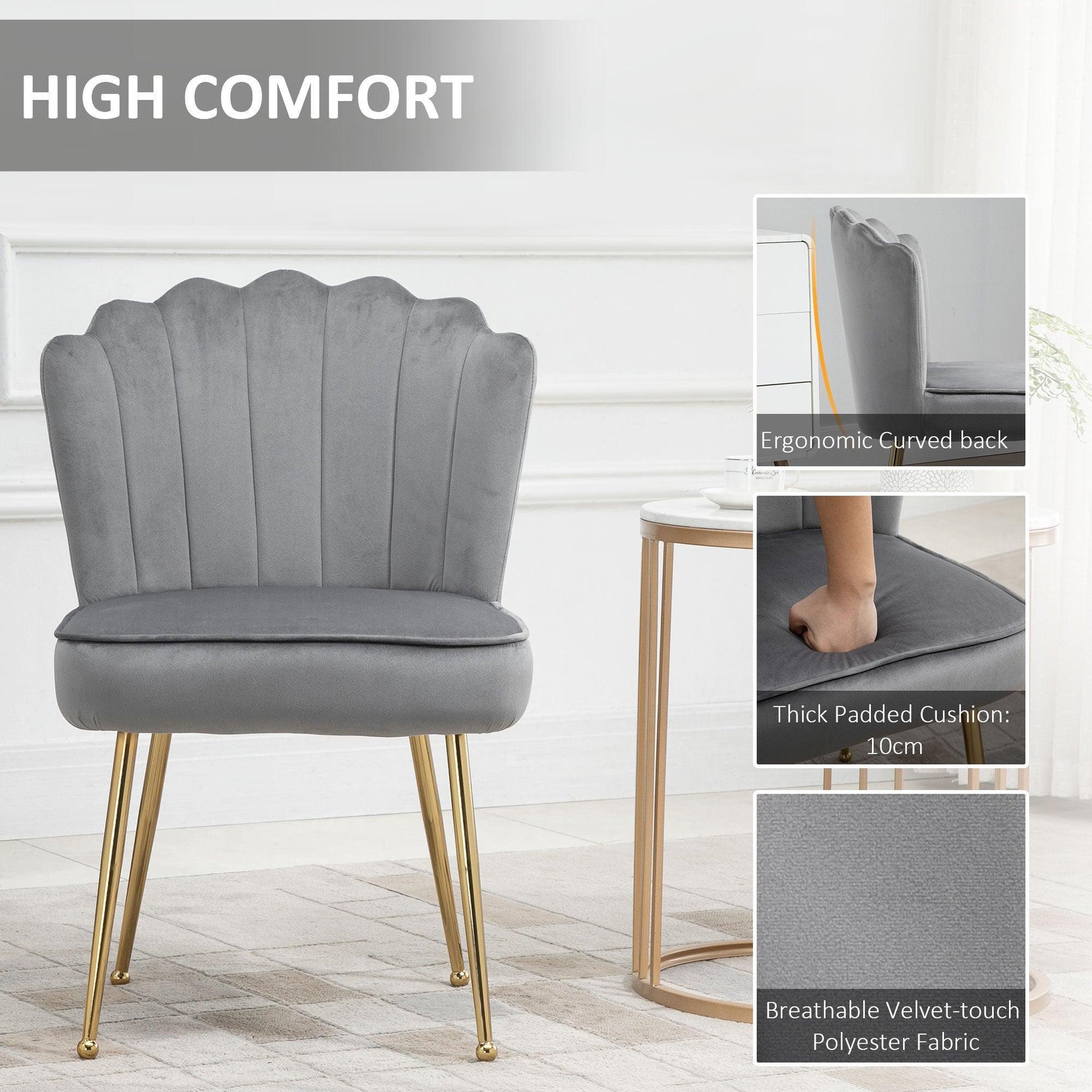 HOMCOM Grey Velvet Accent Chair, Metal Legs - ALL4U RETAILER LTD