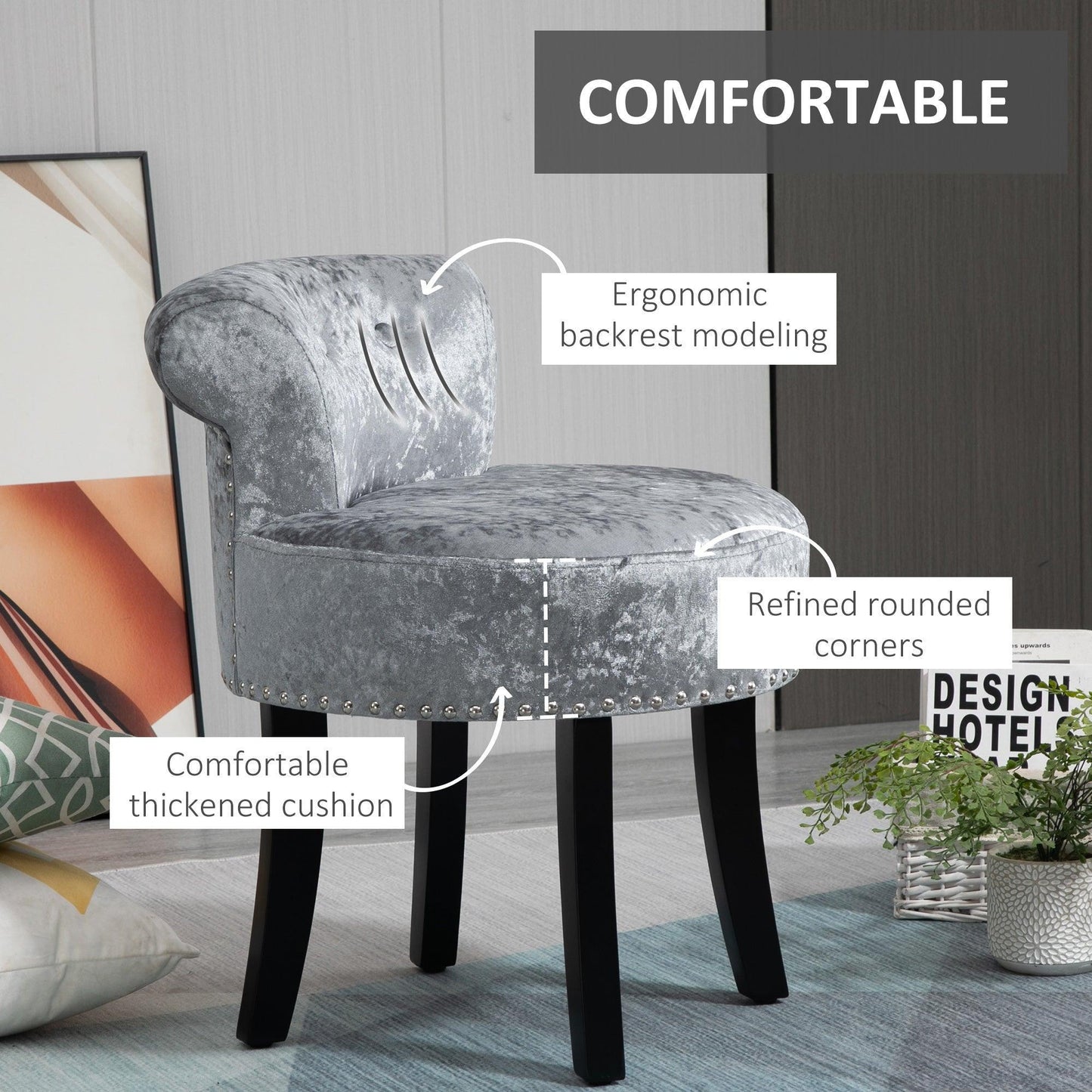 HOMCOM Grey Velvet Dressing Chair with Wooden Legs - ALL4U RETAILER LTD