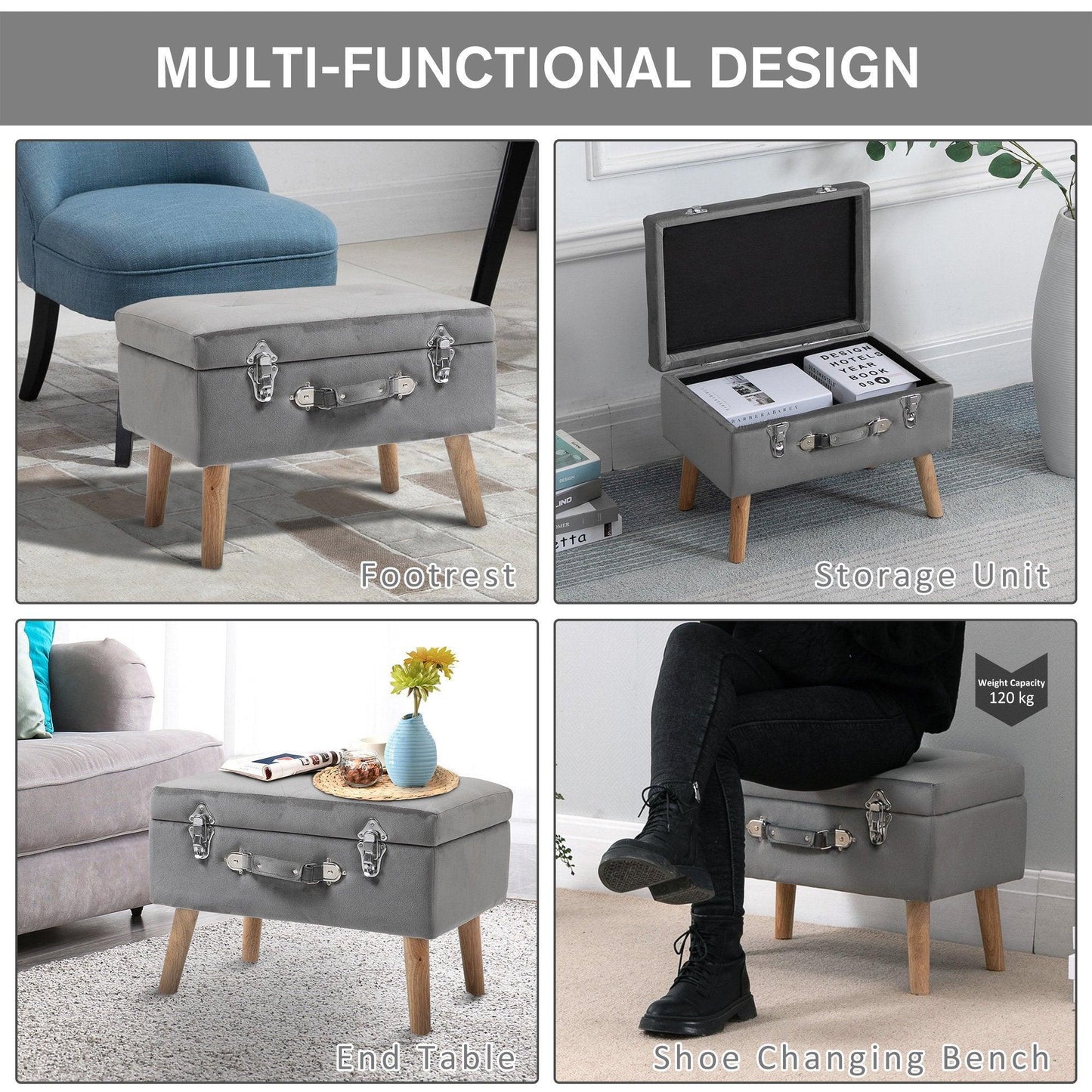 HOMCOM Grey Velvet Ottoman Trunk - Elegant Storage Solution - ALL4U RETAILER LTD