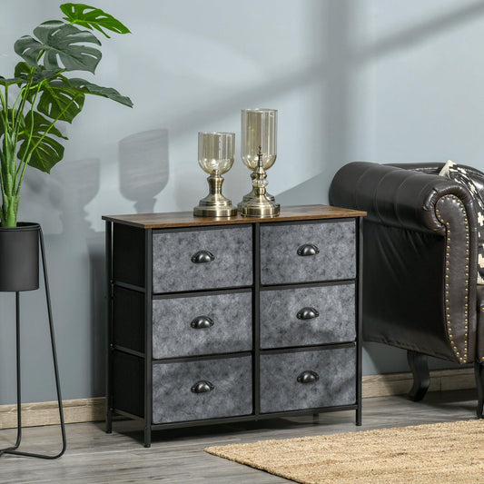 HOMCOM Grey/Black Fabric Dresser with 6 Drawers - ALL4U RETAILER LTD