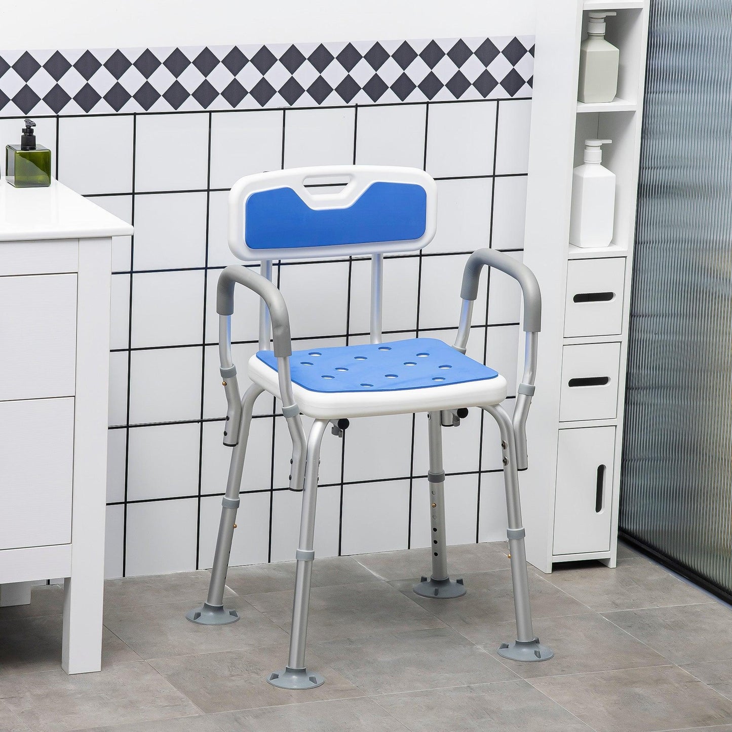 HOMCOM Height Adjustable Shower Chair with Back and Arms - ALL4U RETAILER LTD