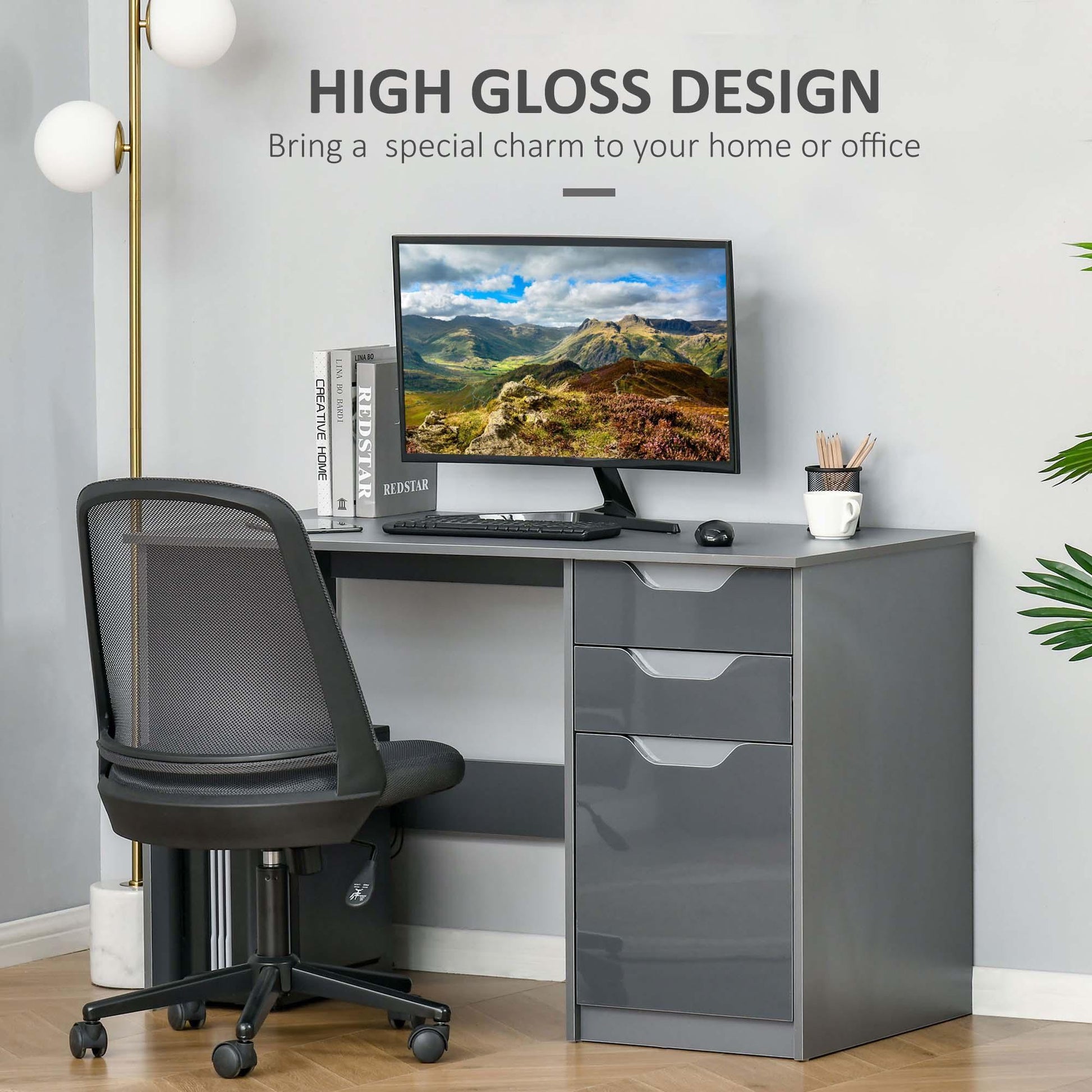 HOMCOM High Gloss Gray Computer Desk with Drawers - ALL4U RETAILER LTD