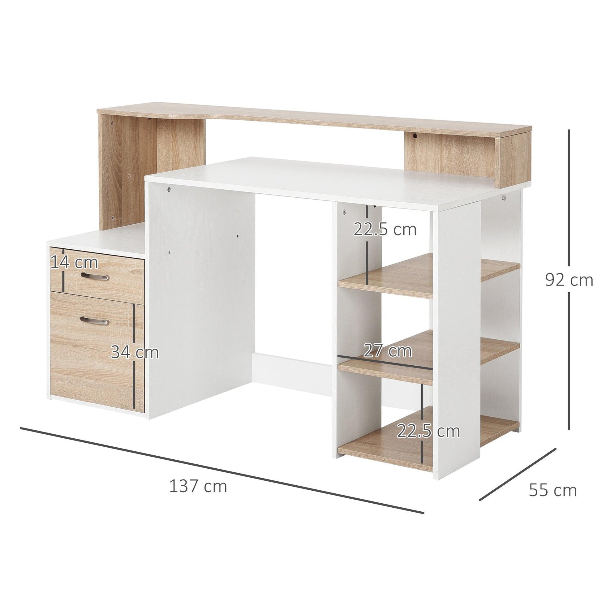 HOMCOM Home Office Computer Desk with Printer Shelf Rack - Oak/White - ALL4U RETAILER LTD