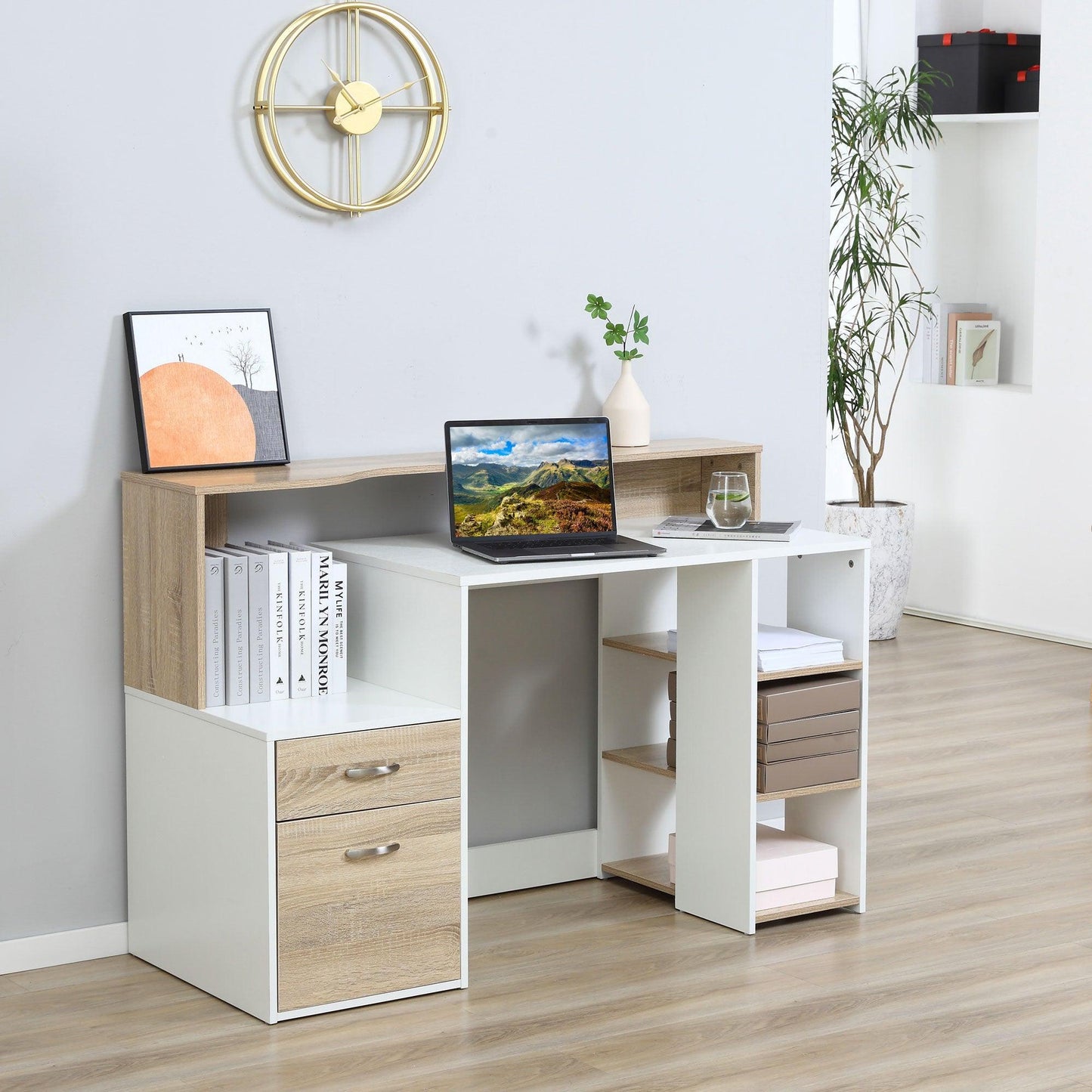 HOMCOM Home Office Computer Desk with Printer Shelf Rack - Oak/White - ALL4U RETAILER LTD