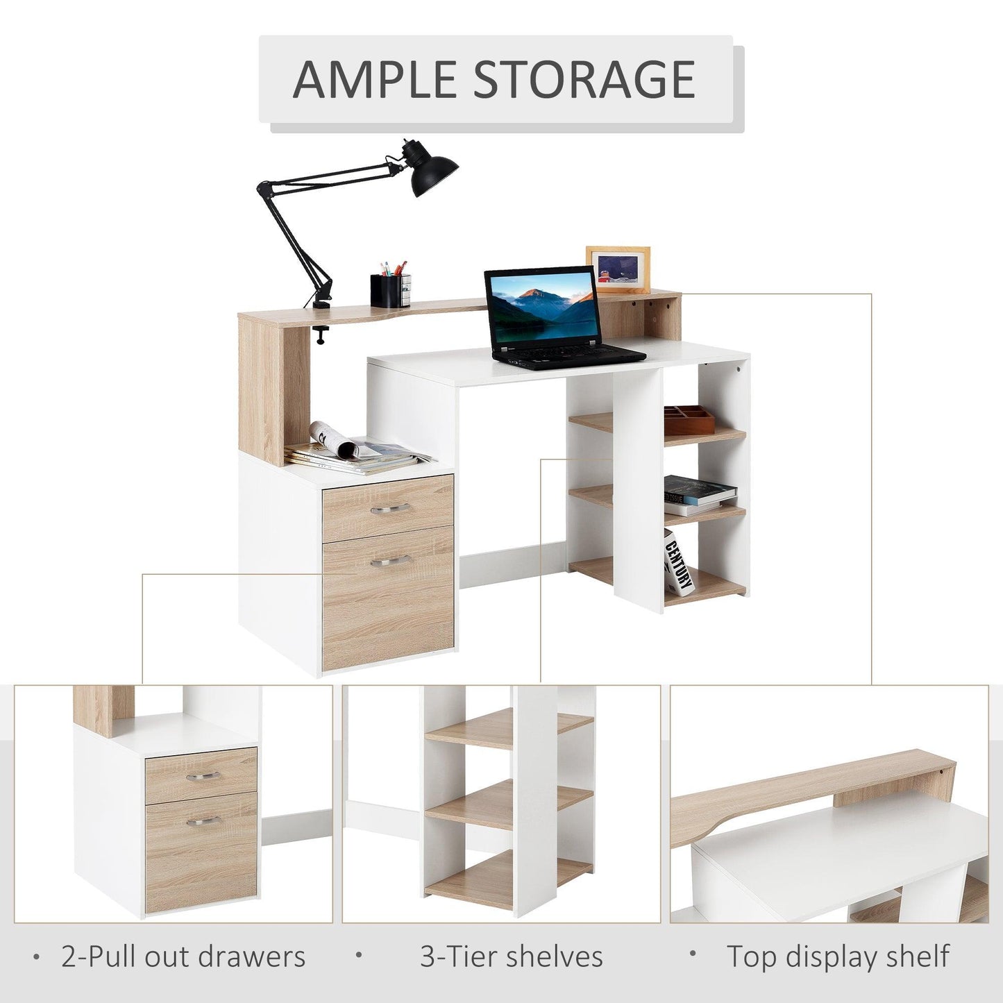 HOMCOM Home Office Computer Desk with Printer Shelf Rack - Oak/White - ALL4U RETAILER LTD