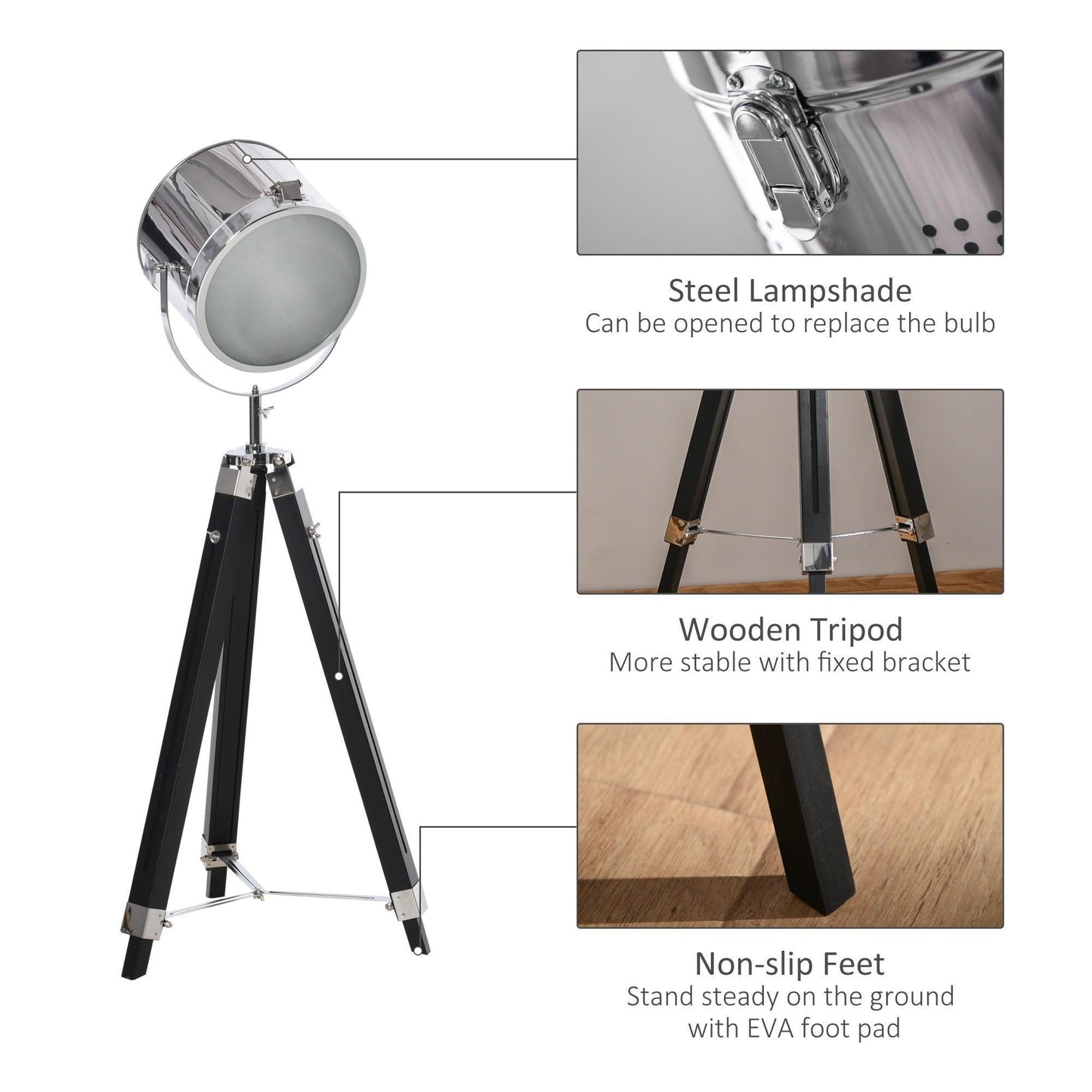 HOMCOM Industrial Adjustable Floor Lamp, Wood Legs, Black - ALL4U RETAILER LTD