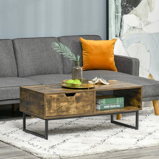 HOMCOM Industrial Coffee table with Shelf & Drawer - Rustic Brown - ALL4U RETAILER LTD