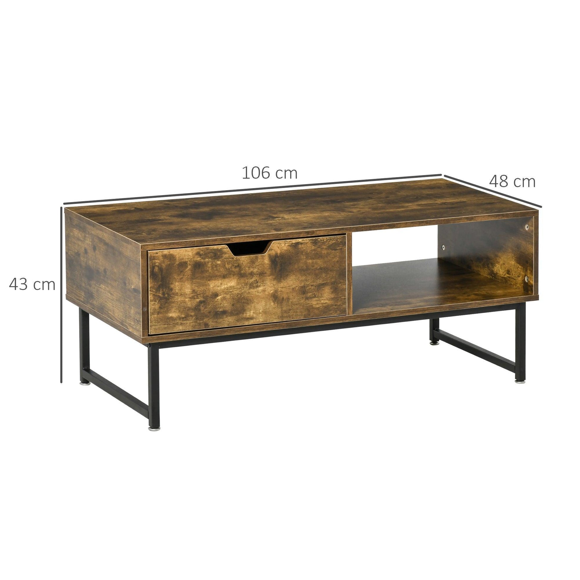 HOMCOM Industrial Coffee table with Shelf & Drawer - Rustic Brown - ALL4U RETAILER LTD