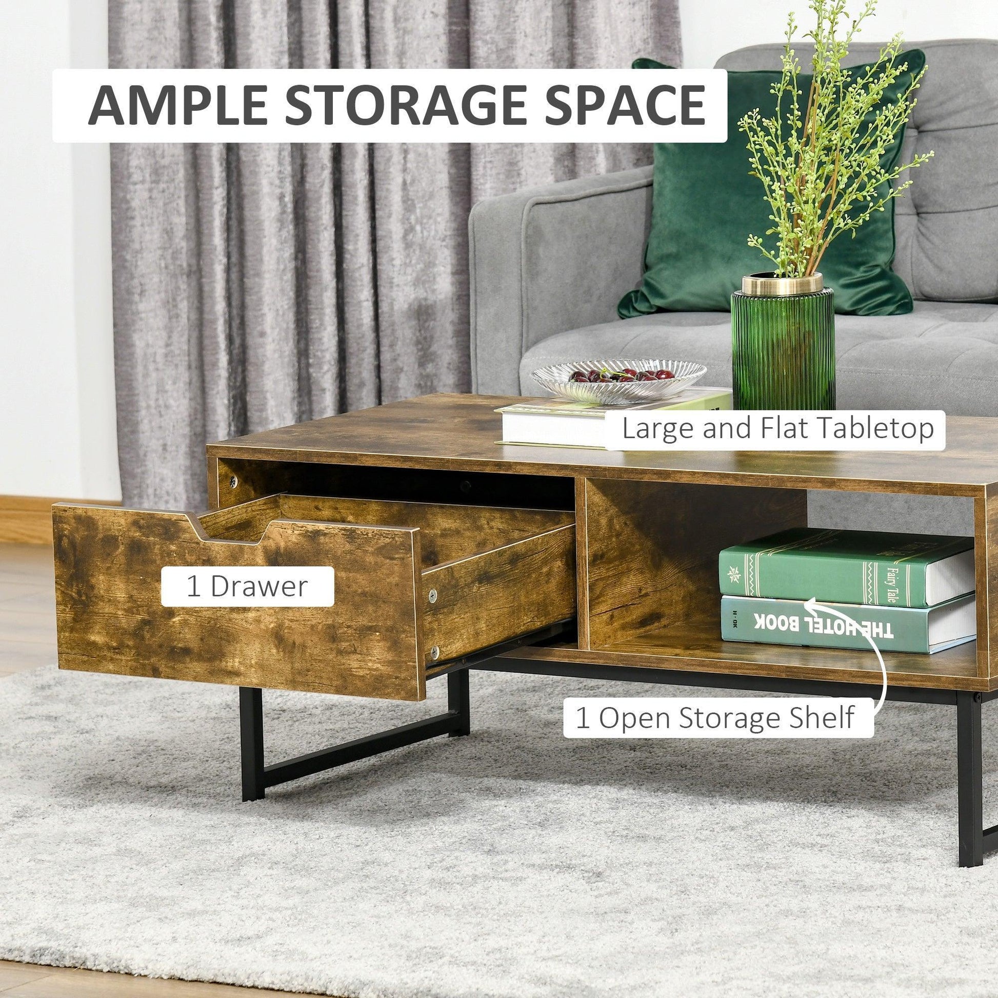 HOMCOM Industrial Coffee table with Shelf & Drawer - Rustic Brown - ALL4U RETAILER LTD