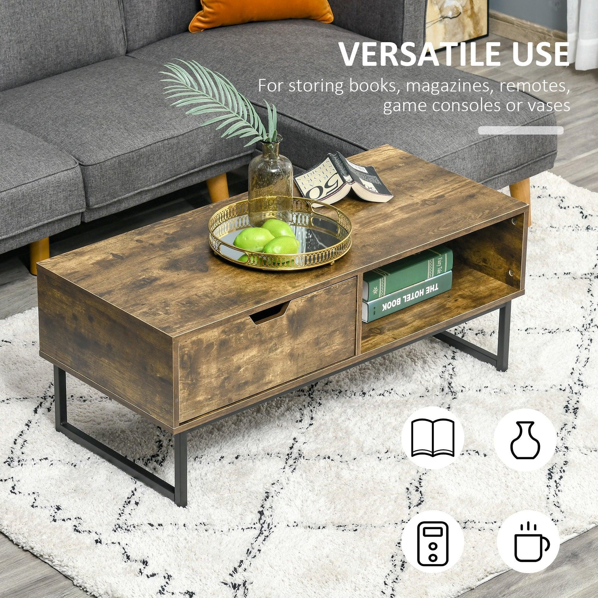 HOMCOM Industrial Coffee table with Shelf & Drawer - Rustic Brown - ALL4U RETAILER LTD