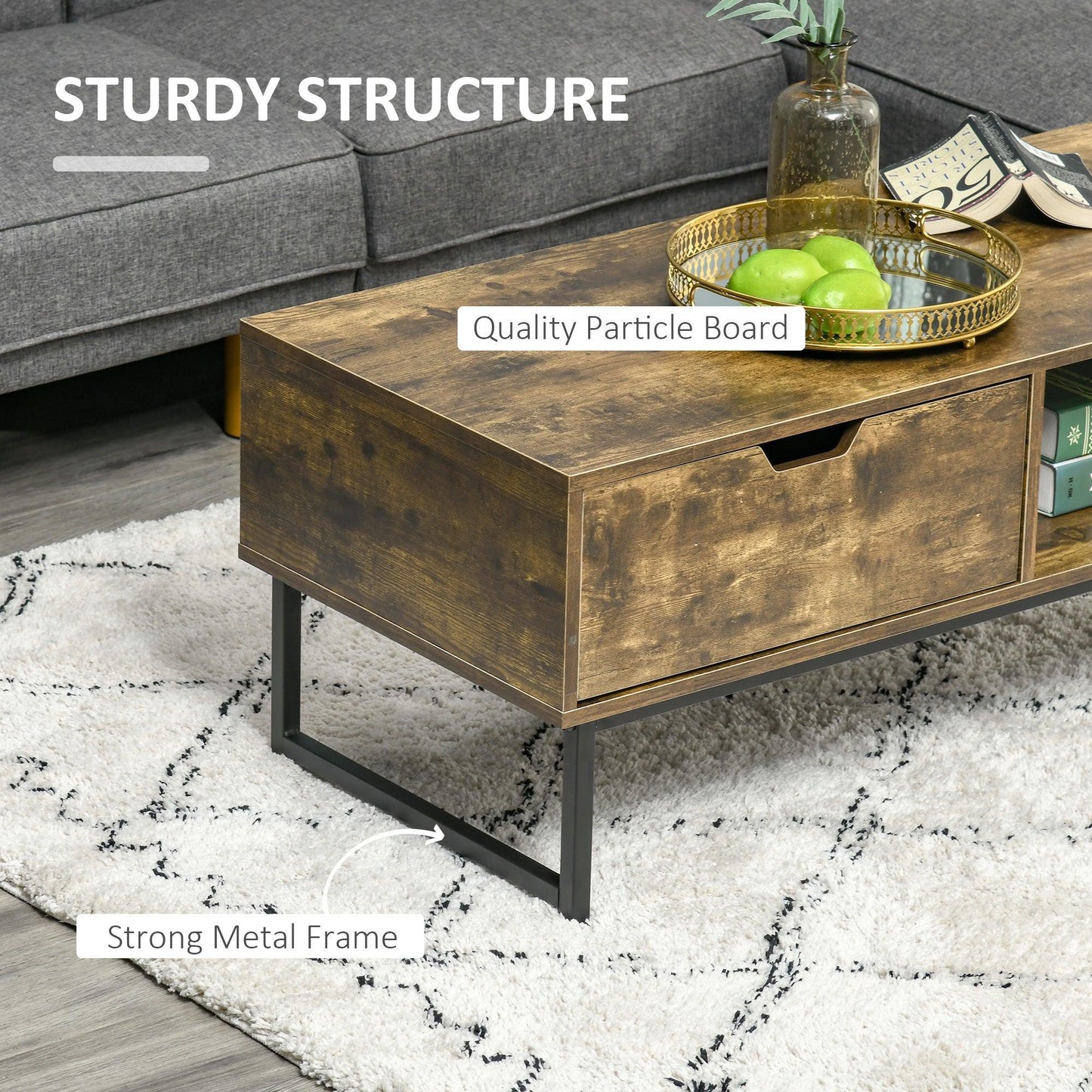 HOMCOM Industrial Coffee table with Shelf & Drawer - Rustic Brown - ALL4U RETAILER LTD