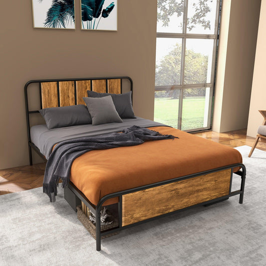 HOMCOM Industrial Double Bed Frame with Storage, Rustic Brown - ALL4U RETAILER LTD