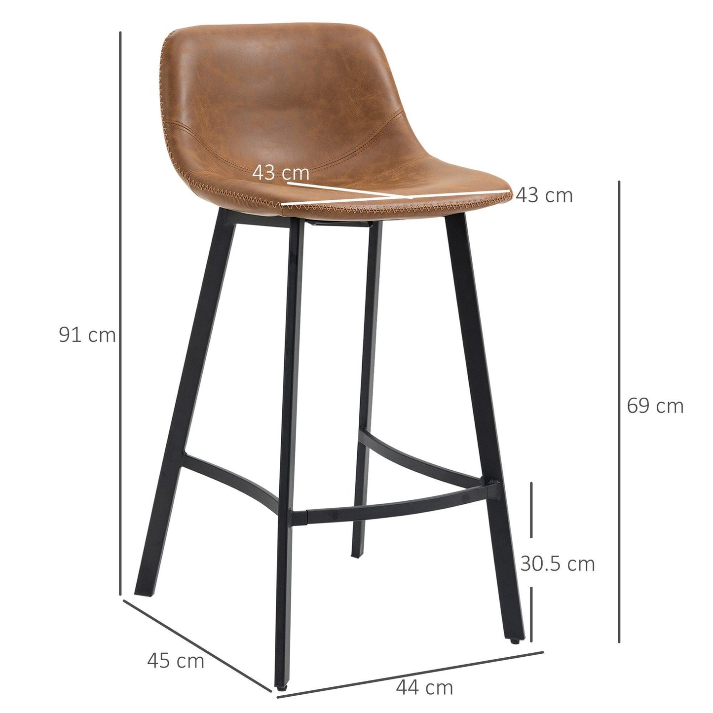 HOMCOM Industrial Kitchen Stools, Set of 2 - Upholstered, Brown - ALL4U RETAILER LTD