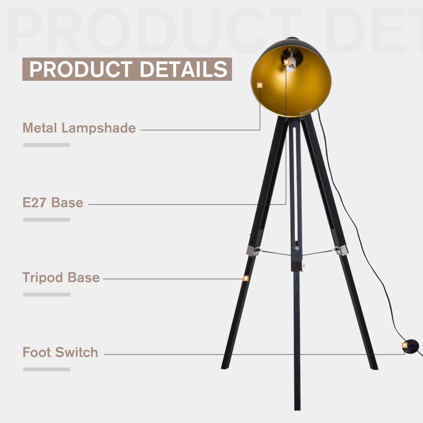 HOMCOM Industrial Tripod Spotlight Floor Lamp - Black & Gold - ALL4U RETAILER LTD