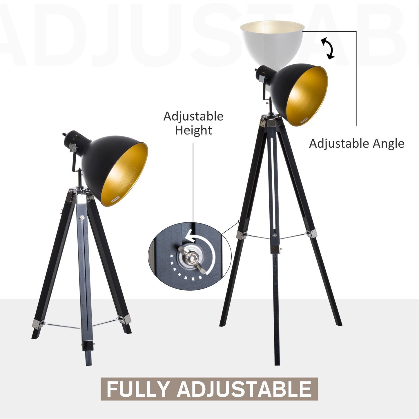 HOMCOM Industrial Tripod Spotlight Floor Lamp - Black & Gold - ALL4U RETAILER LTD