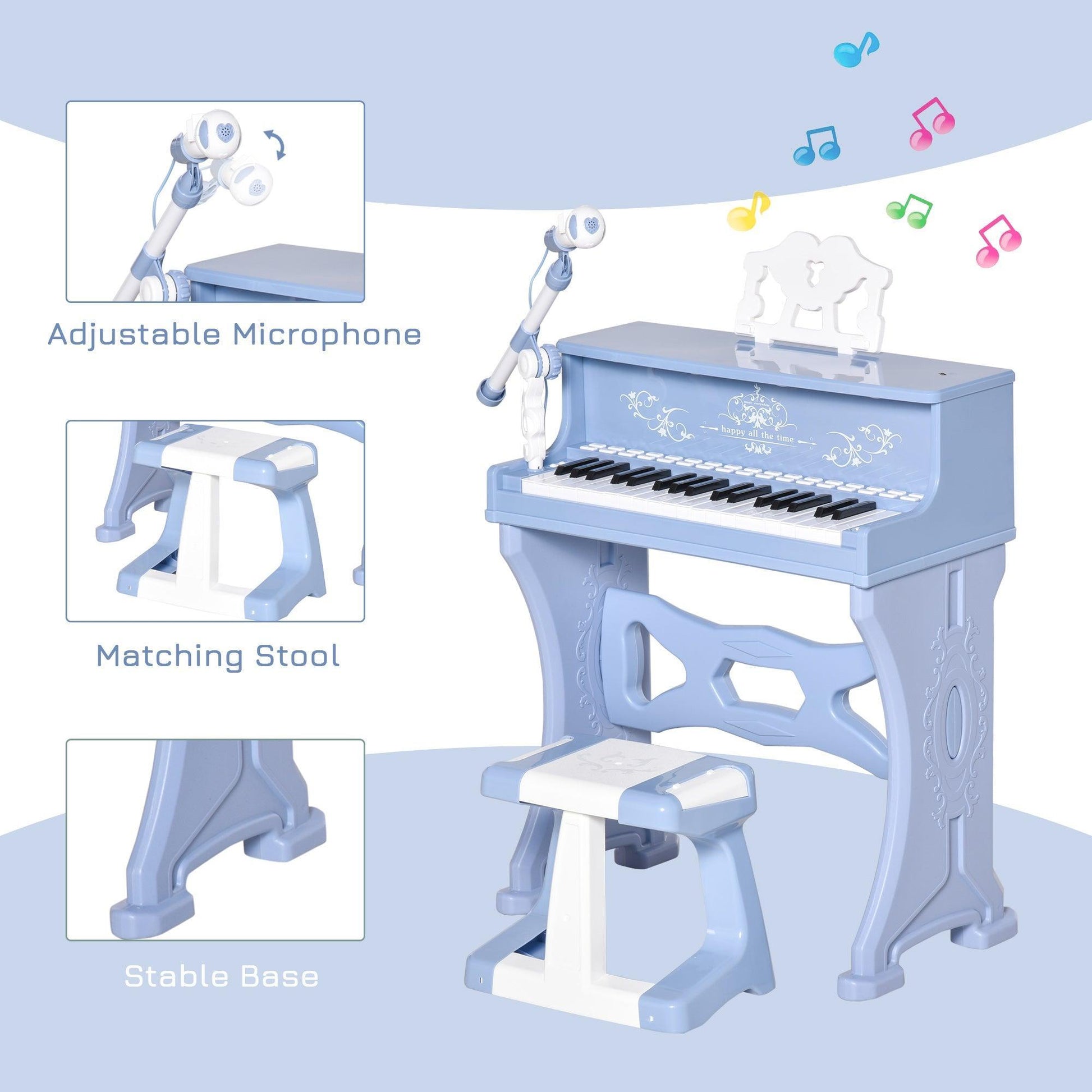 HOMCOM Kids 37-Key Electronic Keyboard Set with Stool, Blue - ALL4U RETAILER LTD