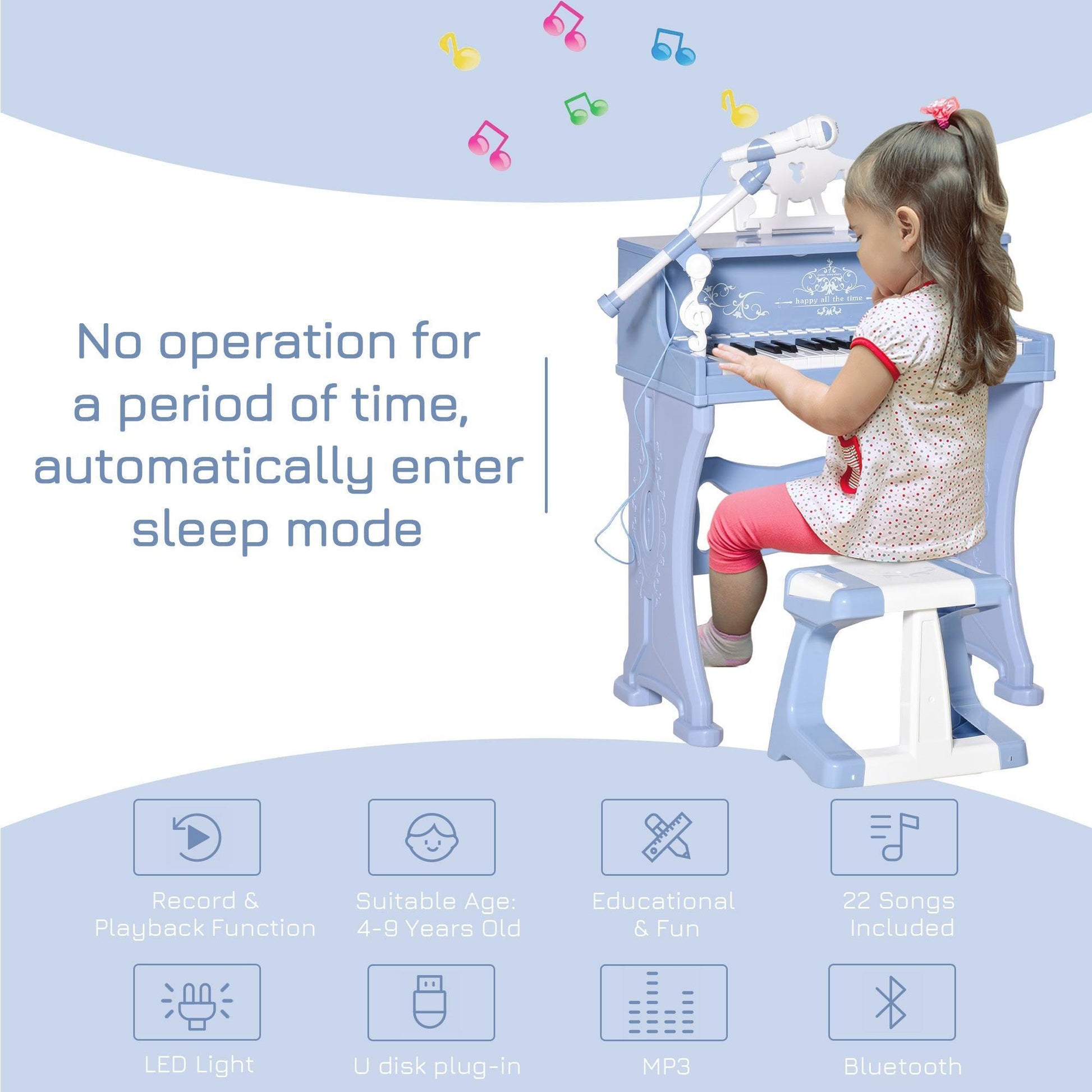 HOMCOM Kids 37-Key Electronic Keyboard Set with Stool, Blue - ALL4U RETAILER LTD