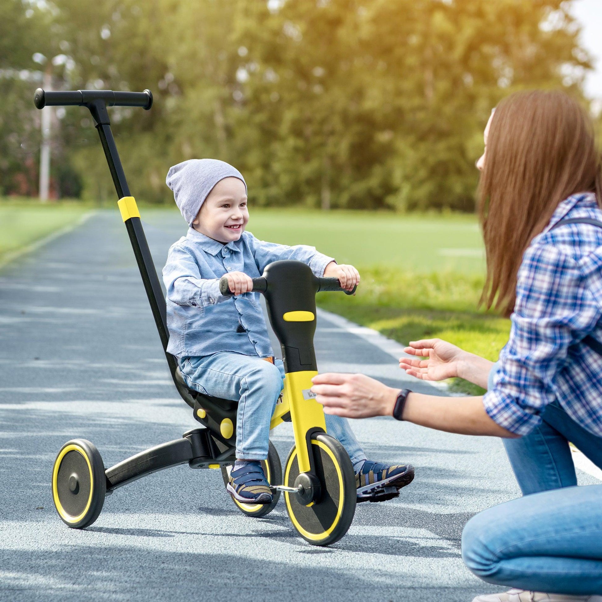 HOMCOM Kids 4-in-1 Tricycle, Adjustable Push Handle, Yellow - ALL4U RETAILER LTD