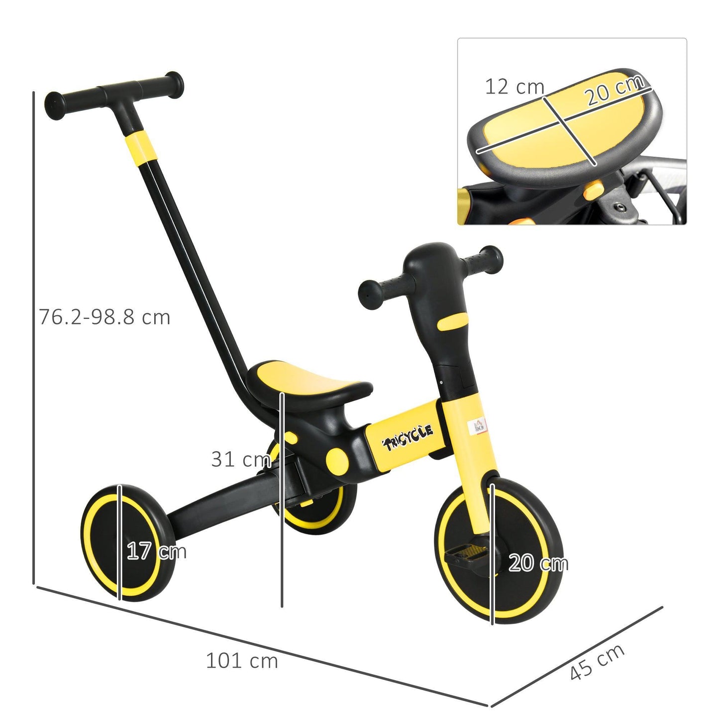 HOMCOM Kids 4-in-1 Tricycle, Adjustable Push Handle, Yellow - ALL4U RETAILER LTD