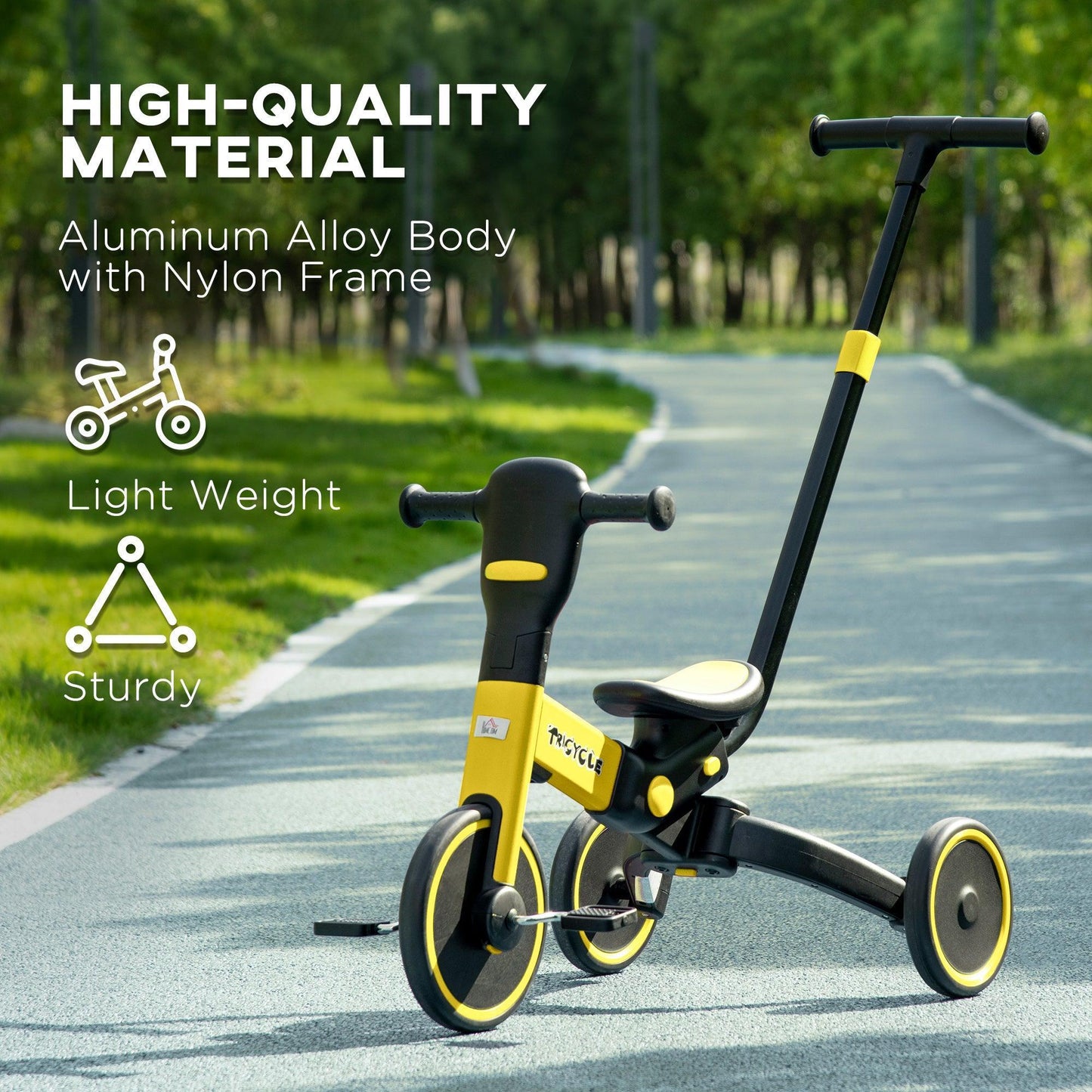 HOMCOM Kids 4-in-1 Tricycle, Adjustable Push Handle, Yellow - ALL4U RETAILER LTD