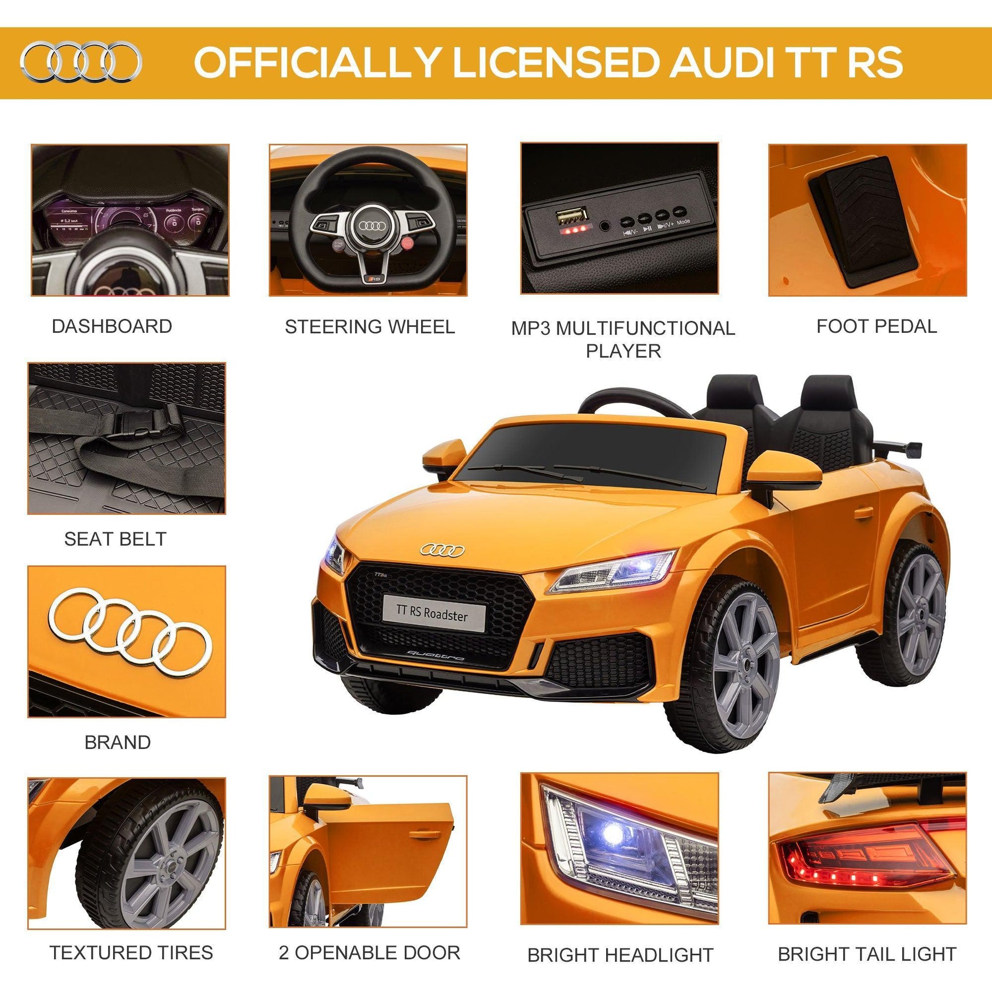 HOMCOM Kids Audi TT RS 12V Ride-On Car: Remote, Suspension - Yellow - ALL4U RETAILER LTD