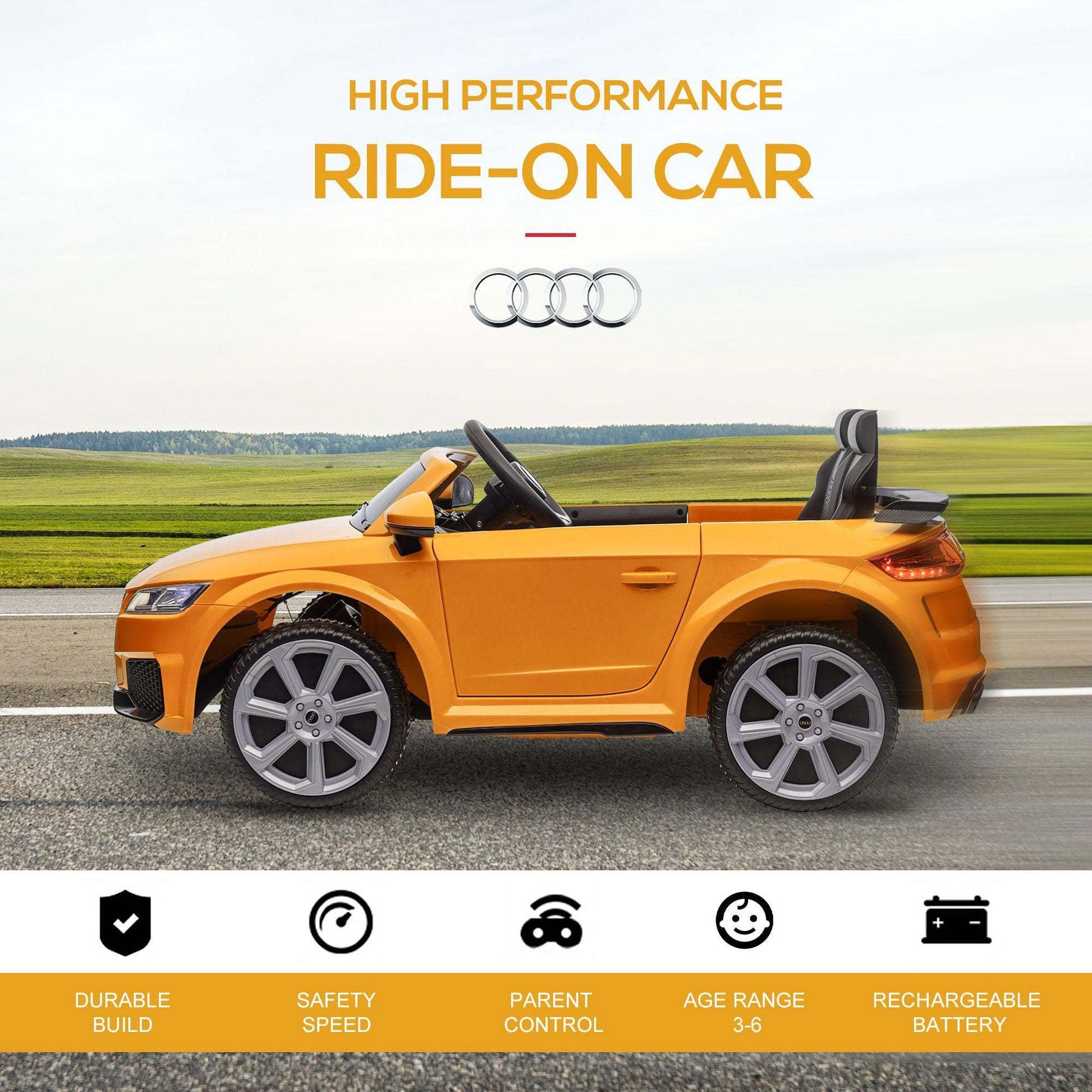 HOMCOM Kids Audi TT RS 12V Ride-On Car: Remote, Suspension - Yellow - ALL4U RETAILER LTD