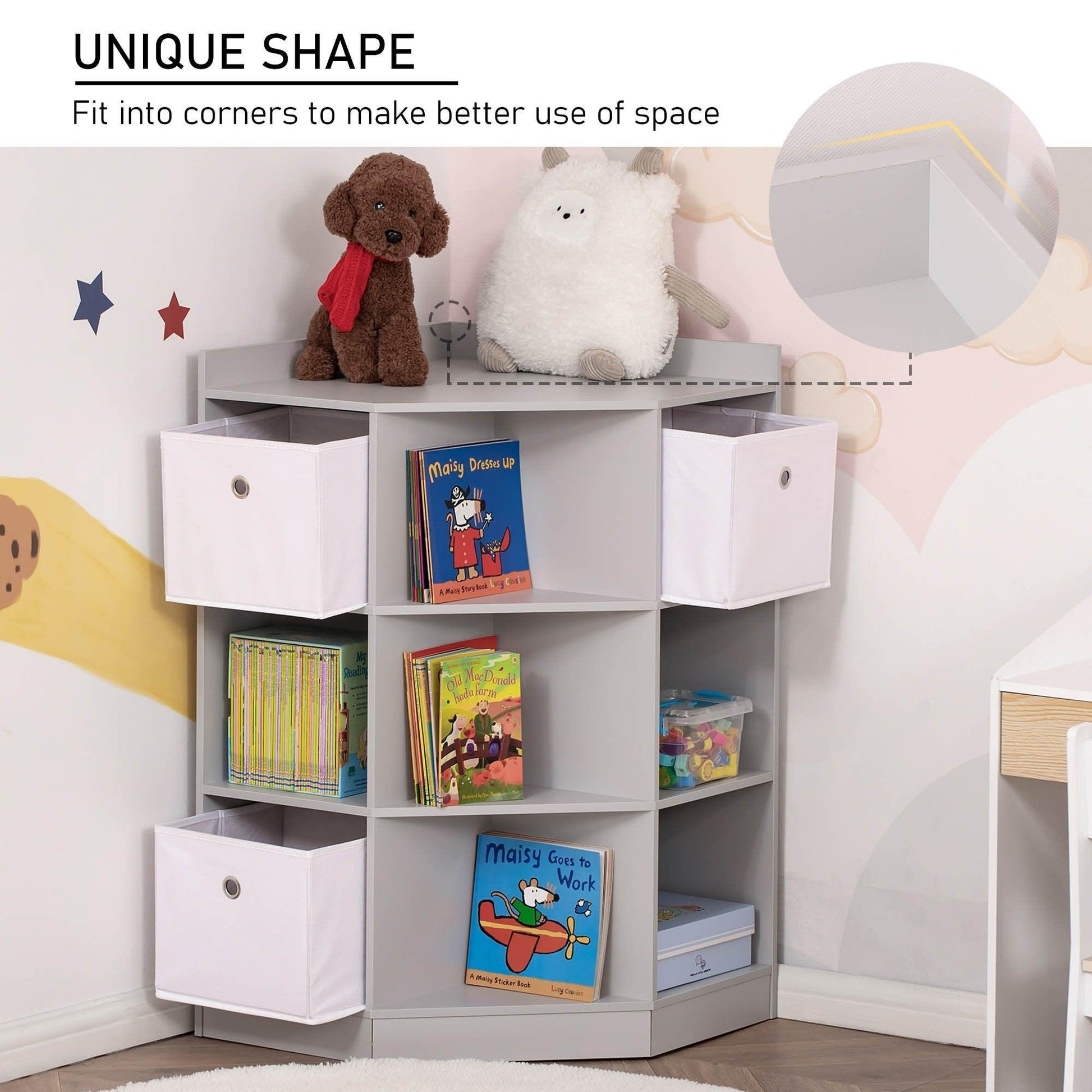 HOMCOM Kids Corner Toy Storage Organiser with Drawers, Grey - ALL4U RETAILER LTD