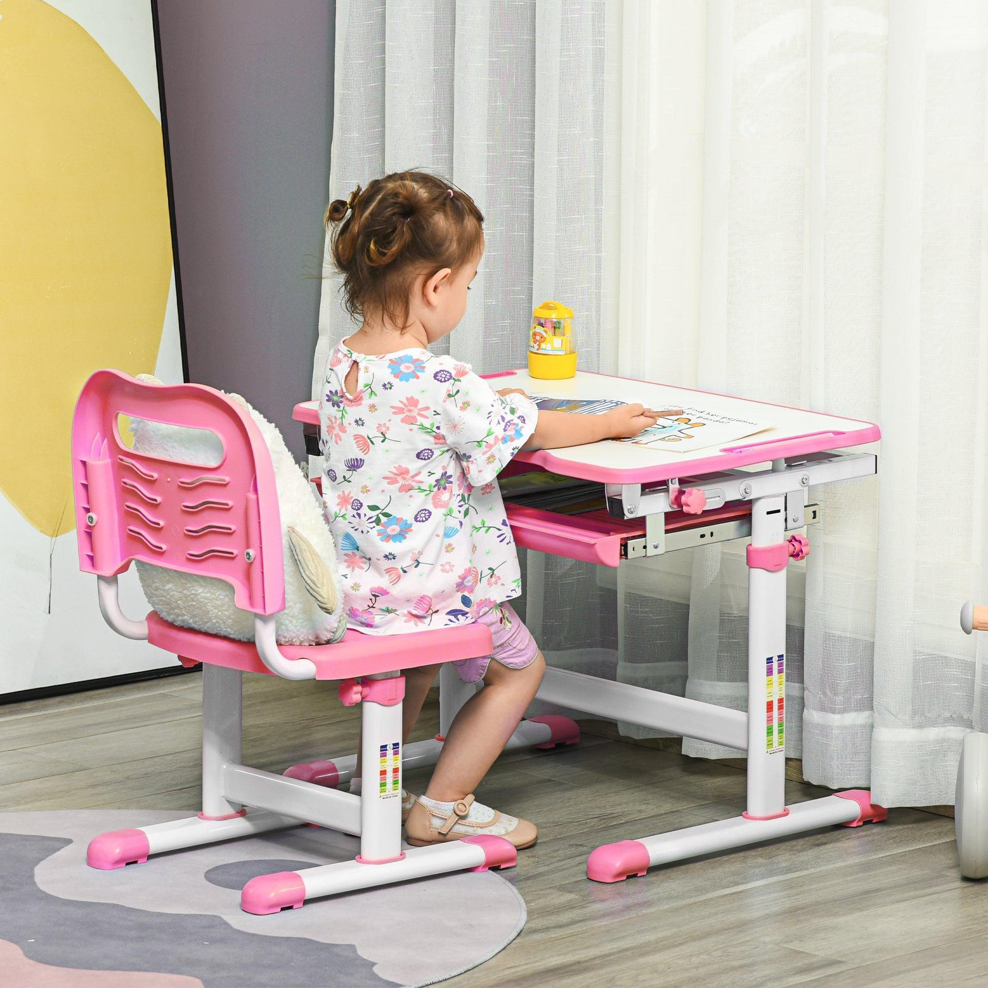 HOMCOM Kids Desk Chair Set - Adjustable Writing Table - Pink - ALL4U RETAILER LTD