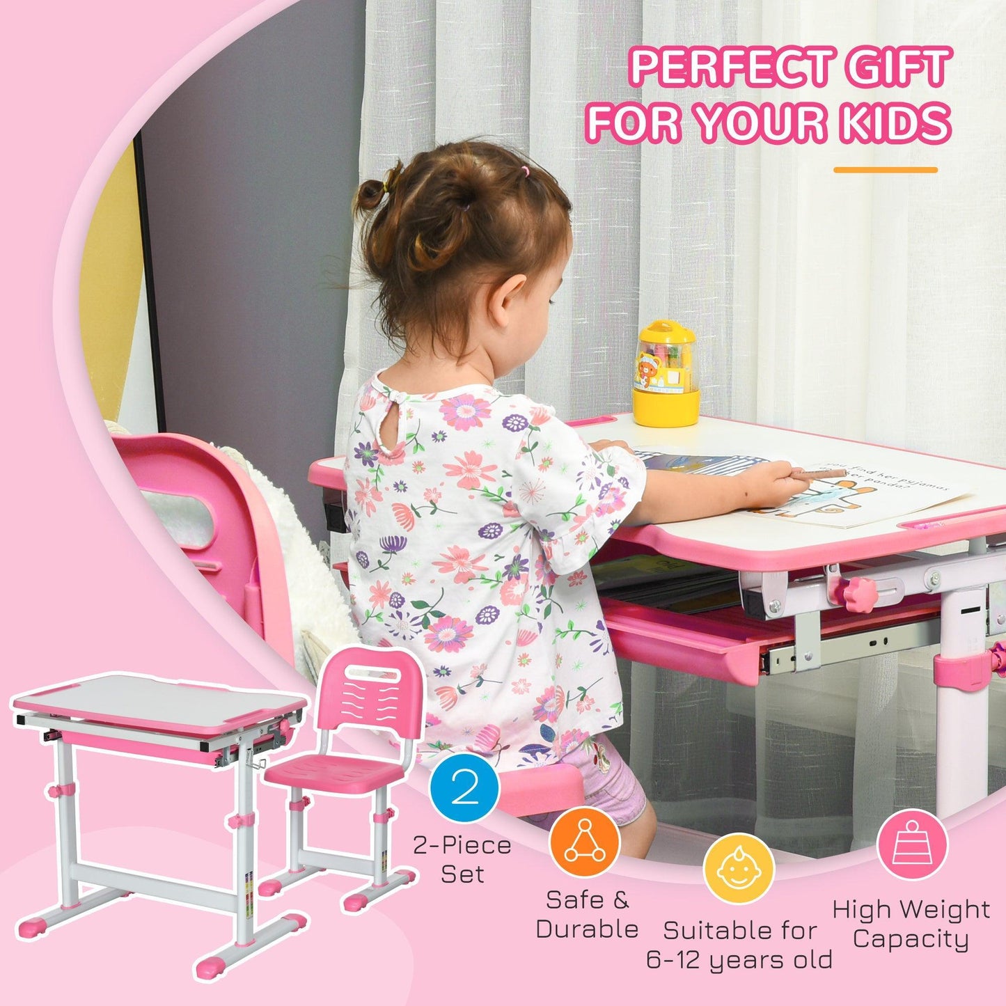 HOMCOM Kids Desk Chair Set - Adjustable Writing Table - Pink - ALL4U RETAILER LTD