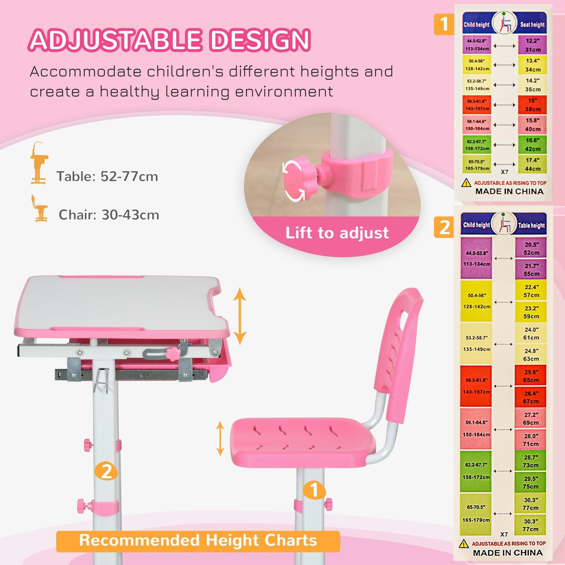 HOMCOM Kids Desk Chair Set - Adjustable Writing Table - Pink - ALL4U RETAILER LTD