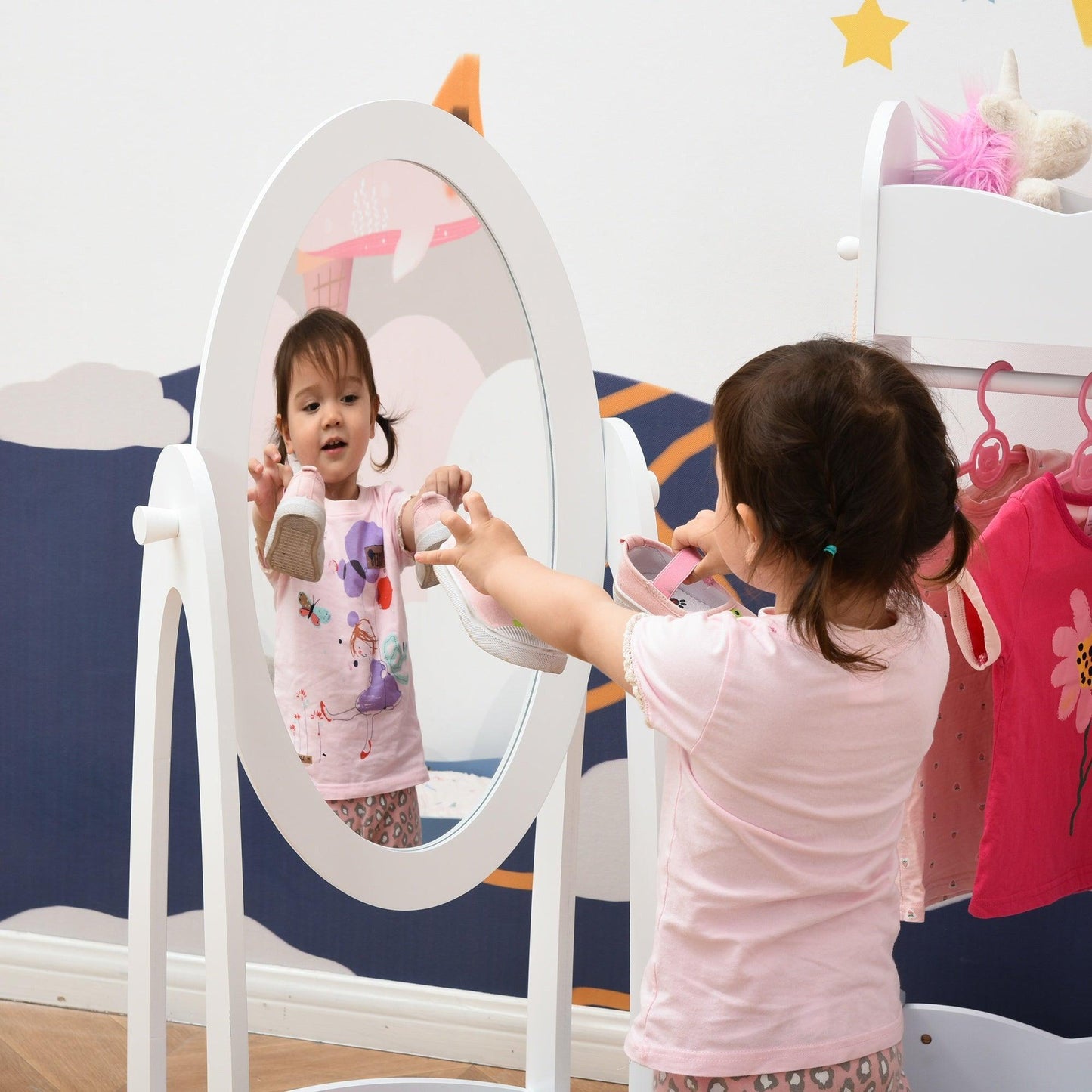 HOMCOM Kids Dressing Mirror with Storage Shelf - 360° Rotation - ALL4U RETAILER LTD