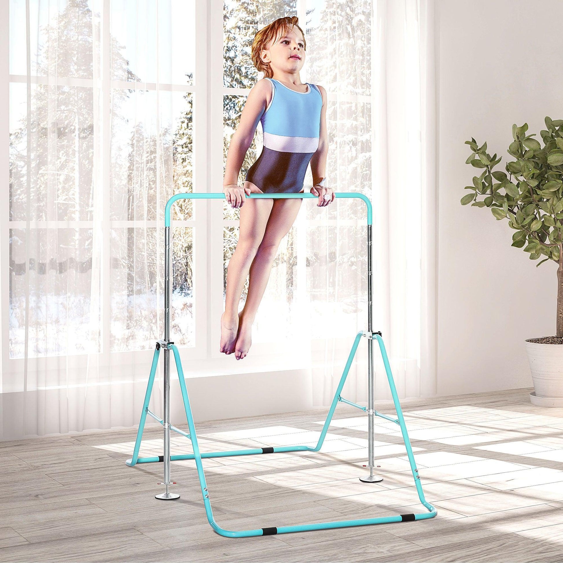 HOMCOM Kids Gymnastics Bar, Foldable, Adjustable Height - Green - ALL4U RETAILER LTD