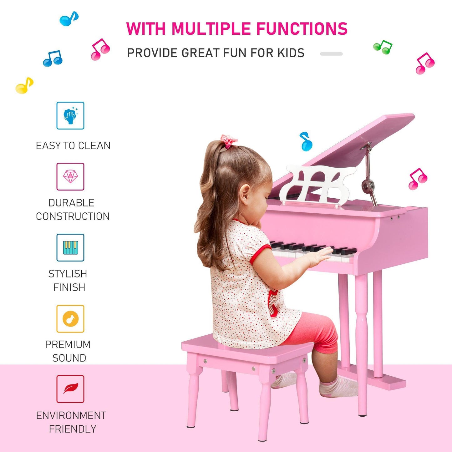 HOMCOM Kids Piano Set - Mini Toy Grand, Pink - ALL4U RETAILER LTD