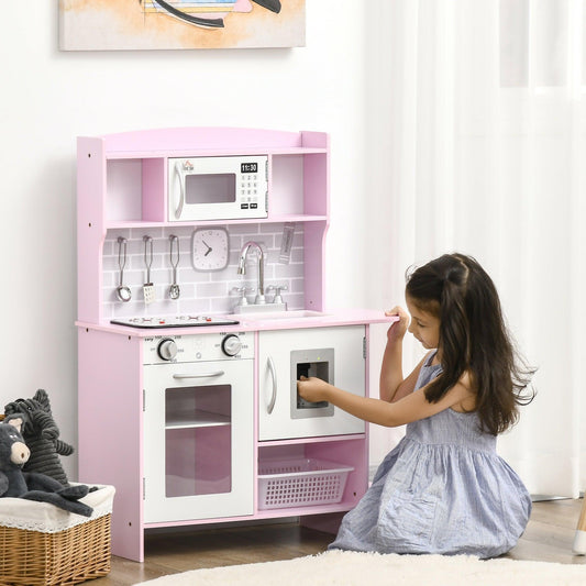 HOMCOM Kids Play Kitchen Set: Pink, Lights, Sounds - ALL4U RETAILER LTD