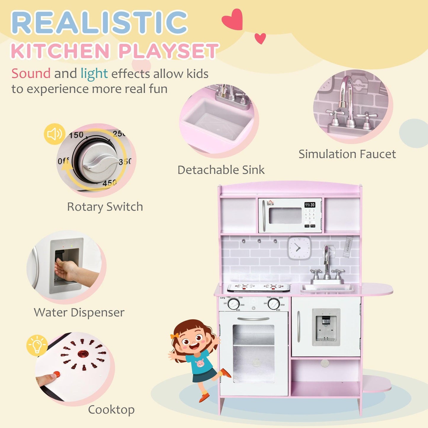 HOMCOM Kids Play Kitchen Set: Pink, Lights, Sounds - ALL4U RETAILER LTD