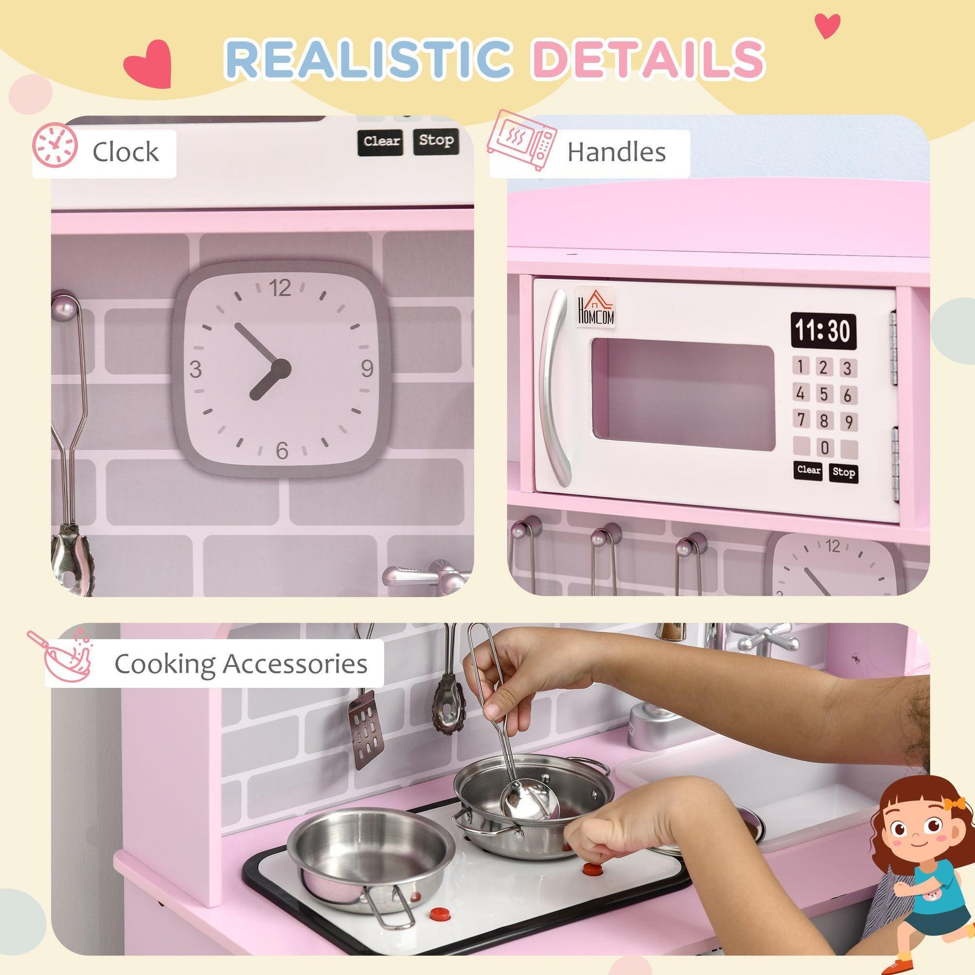 HOMCOM Kids Play Kitchen Set: Pink, Lights, Sounds - ALL4U RETAILER LTD